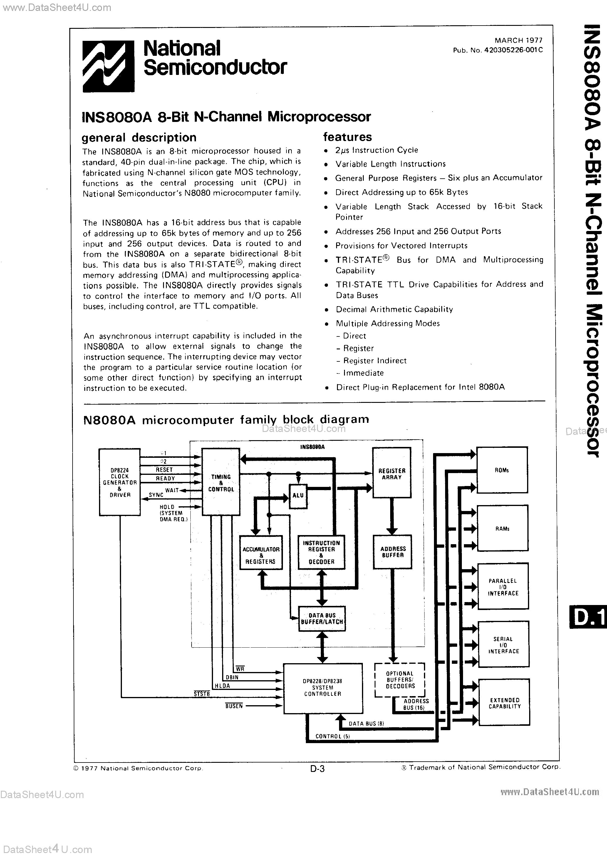 Datasheet INS8080A - 8-Bit N-CHANNEL MICROPROCESSOR page 1