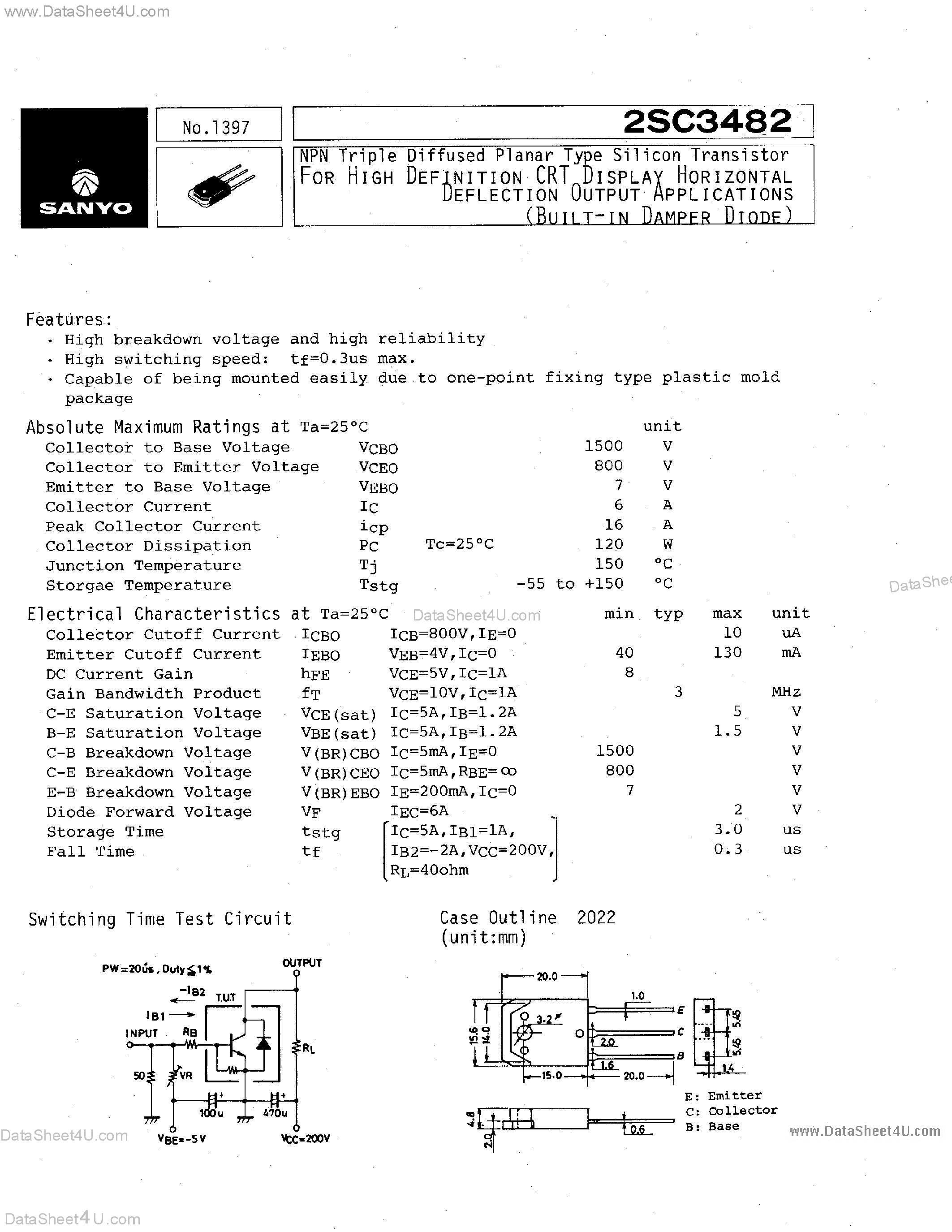 Datasheet 2SC3482 - NPN Triple Diffused Planar Type Silicon Transistor page 1