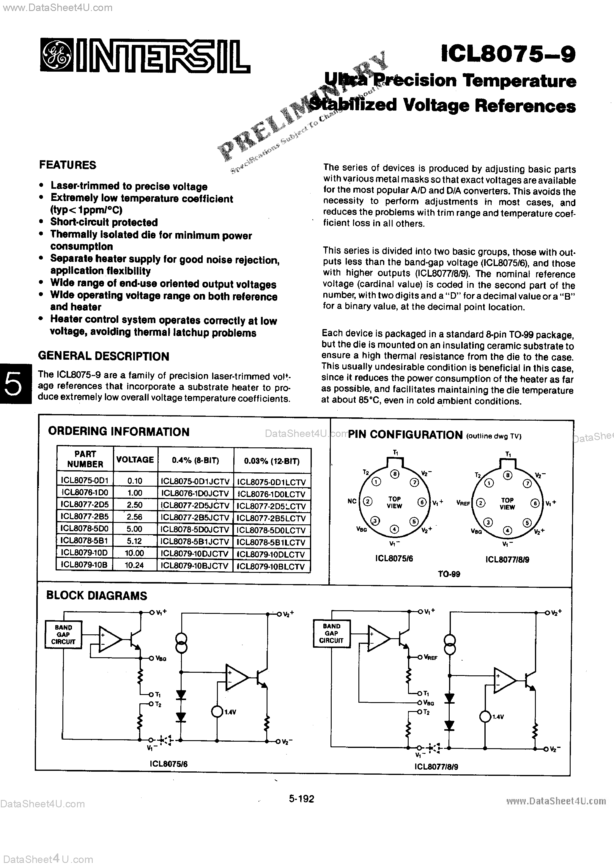Datasheet ICL8075 - (ICL8075 - ICL8079) Ultra Precision Temperature Stabilized Voltage References page 1