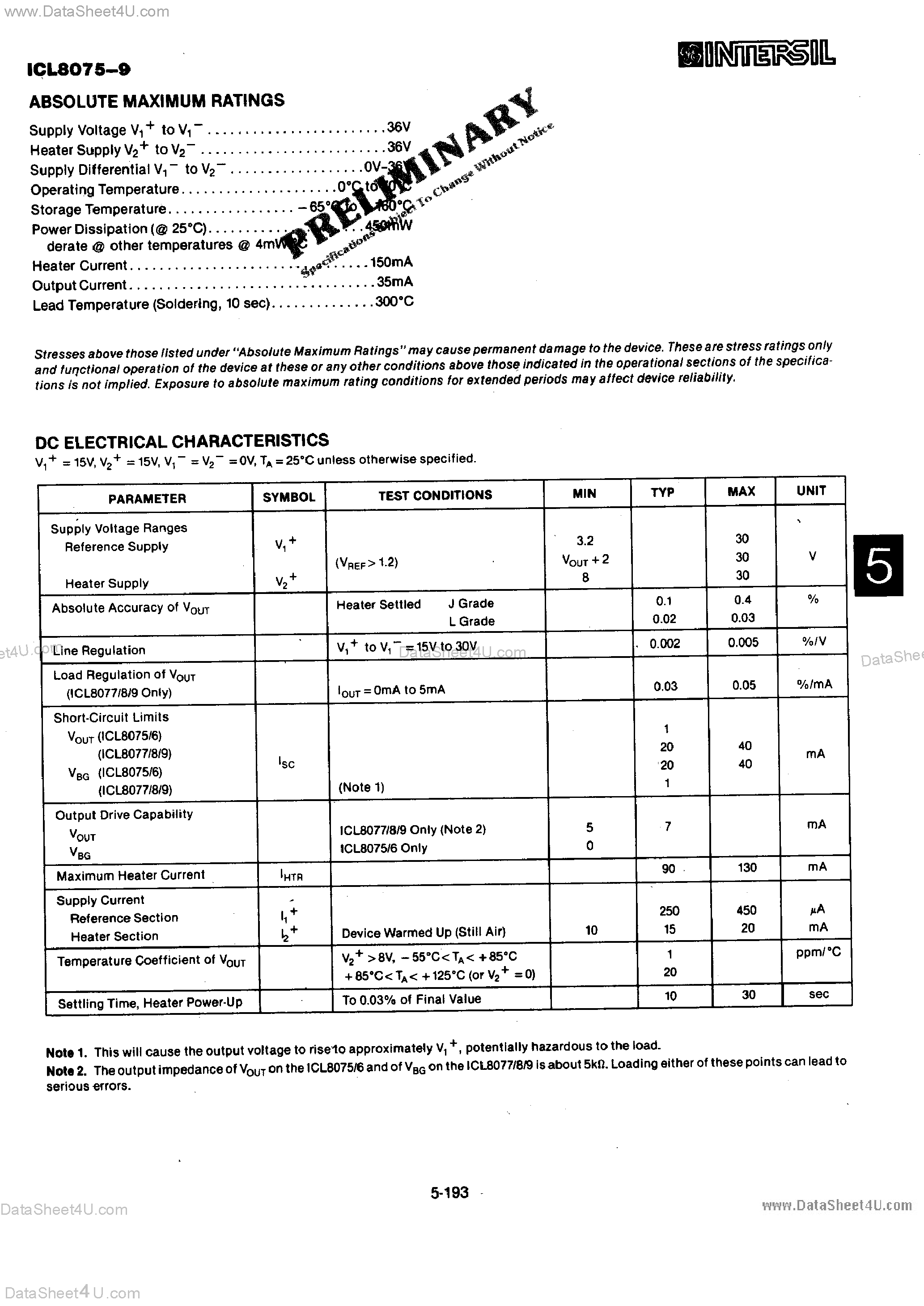 Datasheet ICL8075 - (ICL8075 - ICL8079) Ultra Precision Temperature Stabilized Voltage References page 2