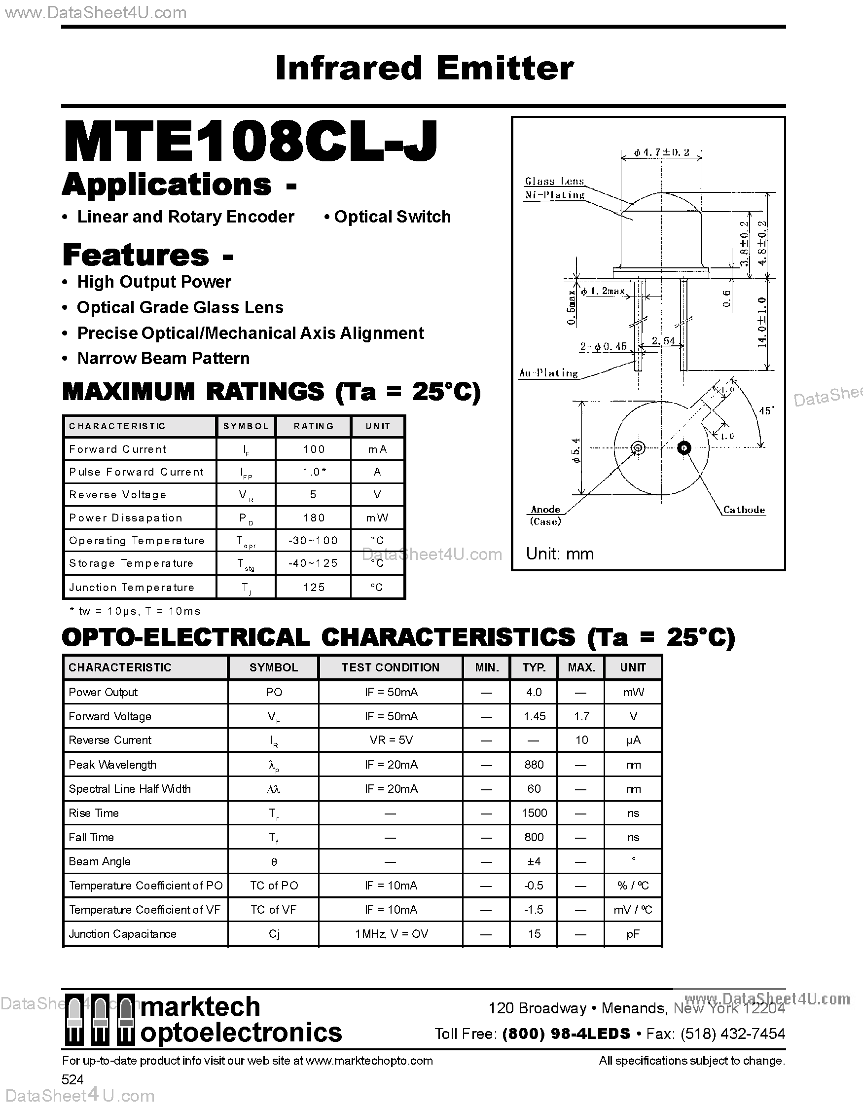 Даташит MTE108CL-J - 5mm Metal Can IR Emitter страница 1