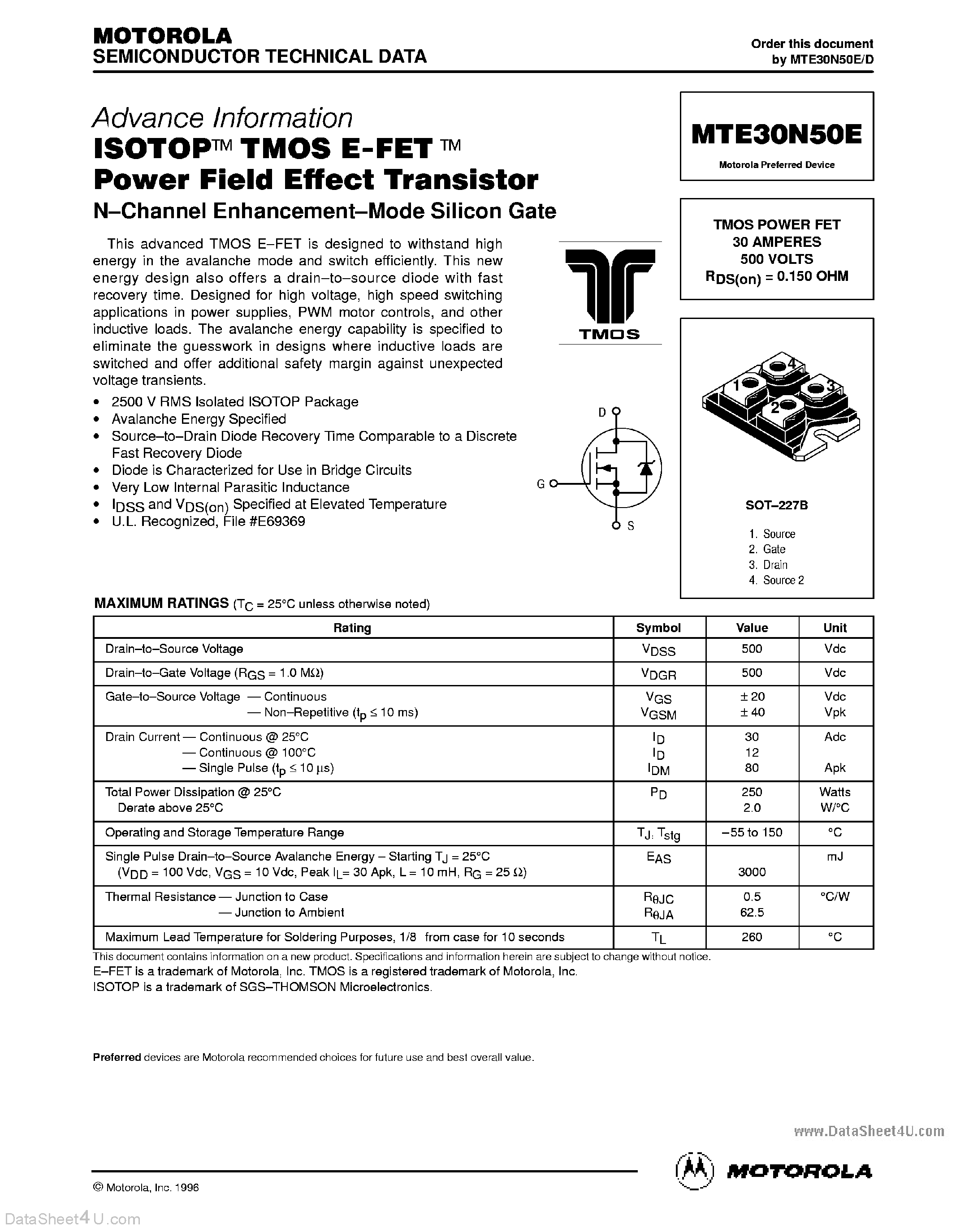 Datasheet MTE30N50E - TMOS POWER FET 30 AMPERES 500 VOLTS RDS(on) = 0.150 OHM page 1