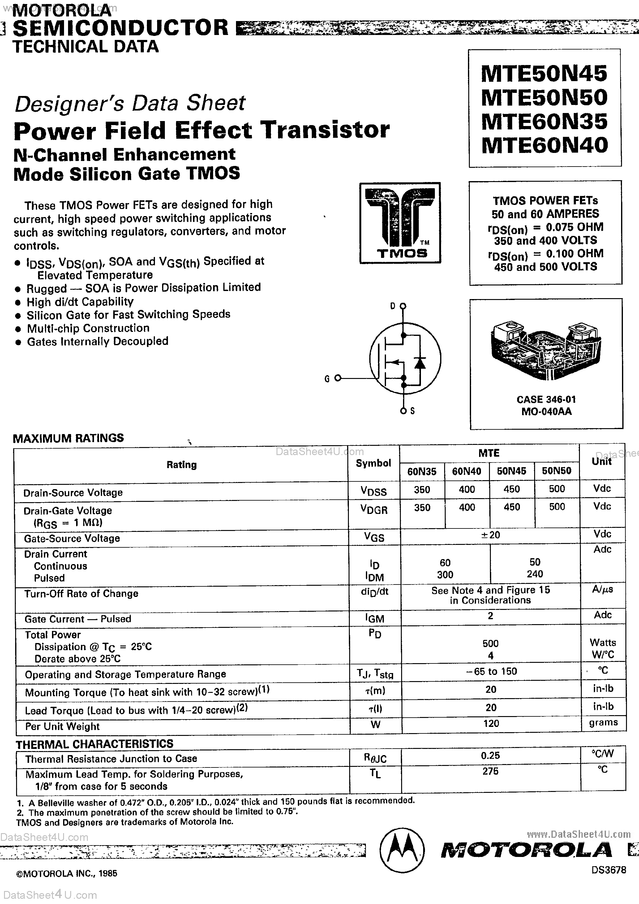 Datasheet MTE50N45 - (MTE50N45 - MTE60N40) POWER FIELD EFFECT TRANSISTOR N-CHANNEL ENHANCEMENT MODE SILICON GATE TMOS page 1