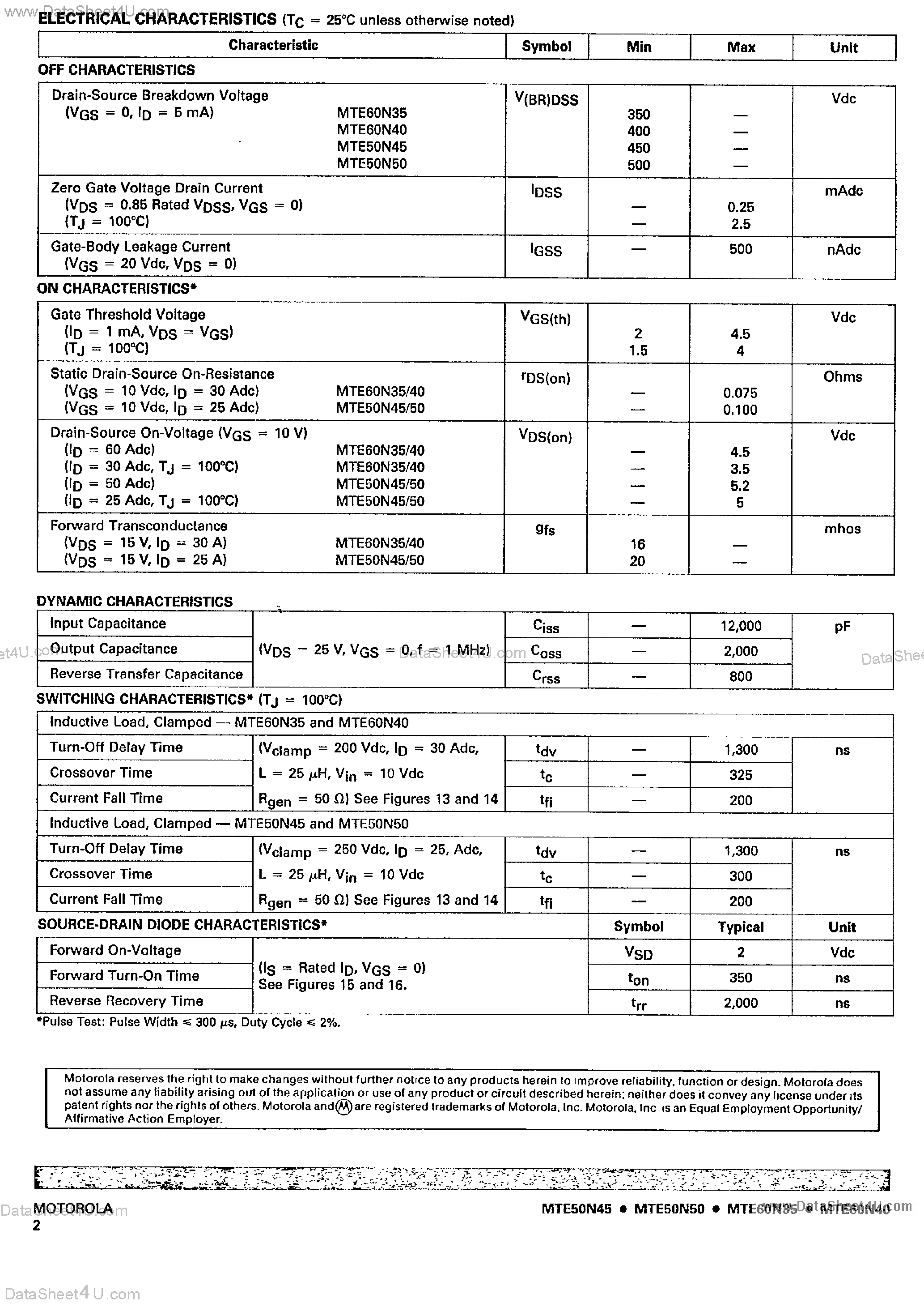 Datasheet MTE50N45 - (MTE50N45 - MTE60N40) POWER FIELD EFFECT TRANSISTOR N-CHANNEL ENHANCEMENT MODE SILICON GATE TMOS page 2