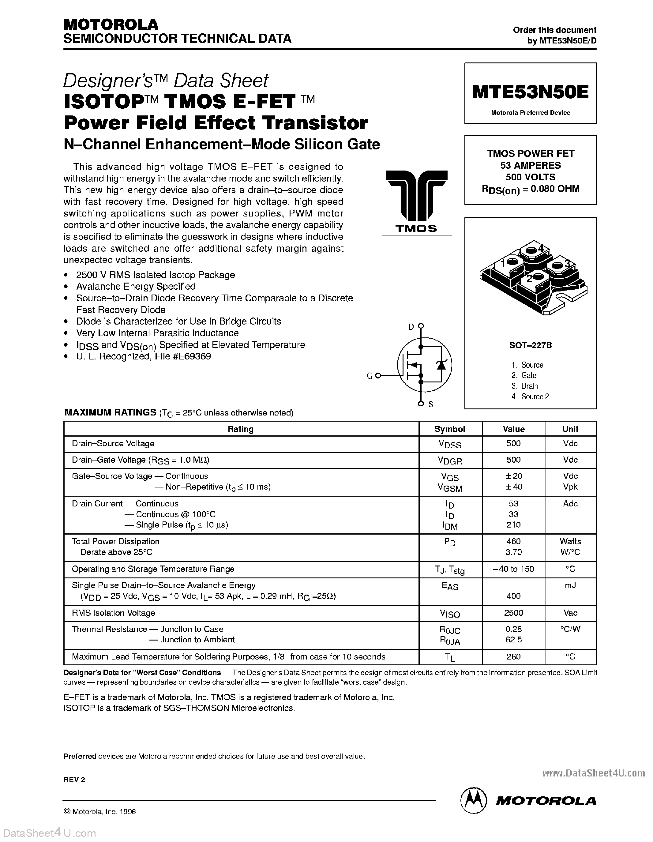Datasheet MTE53N50E - TMOS POWER FET 53 AMPERES 500 VOLTS RDS(on) = 0.080 OHM page 1