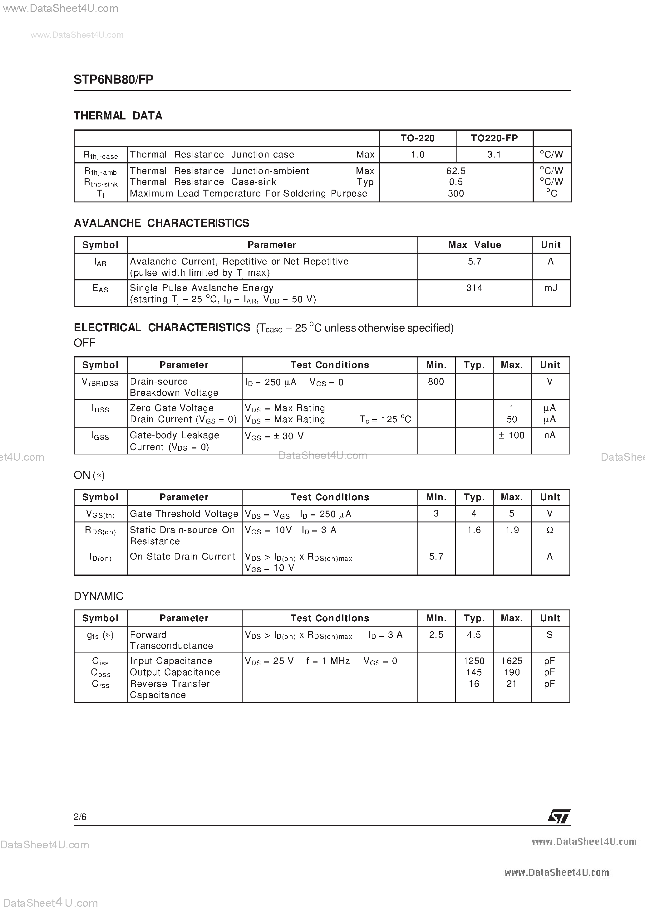 Datasheet P6NB80FP - Search -----> STP6NB80FP page 2