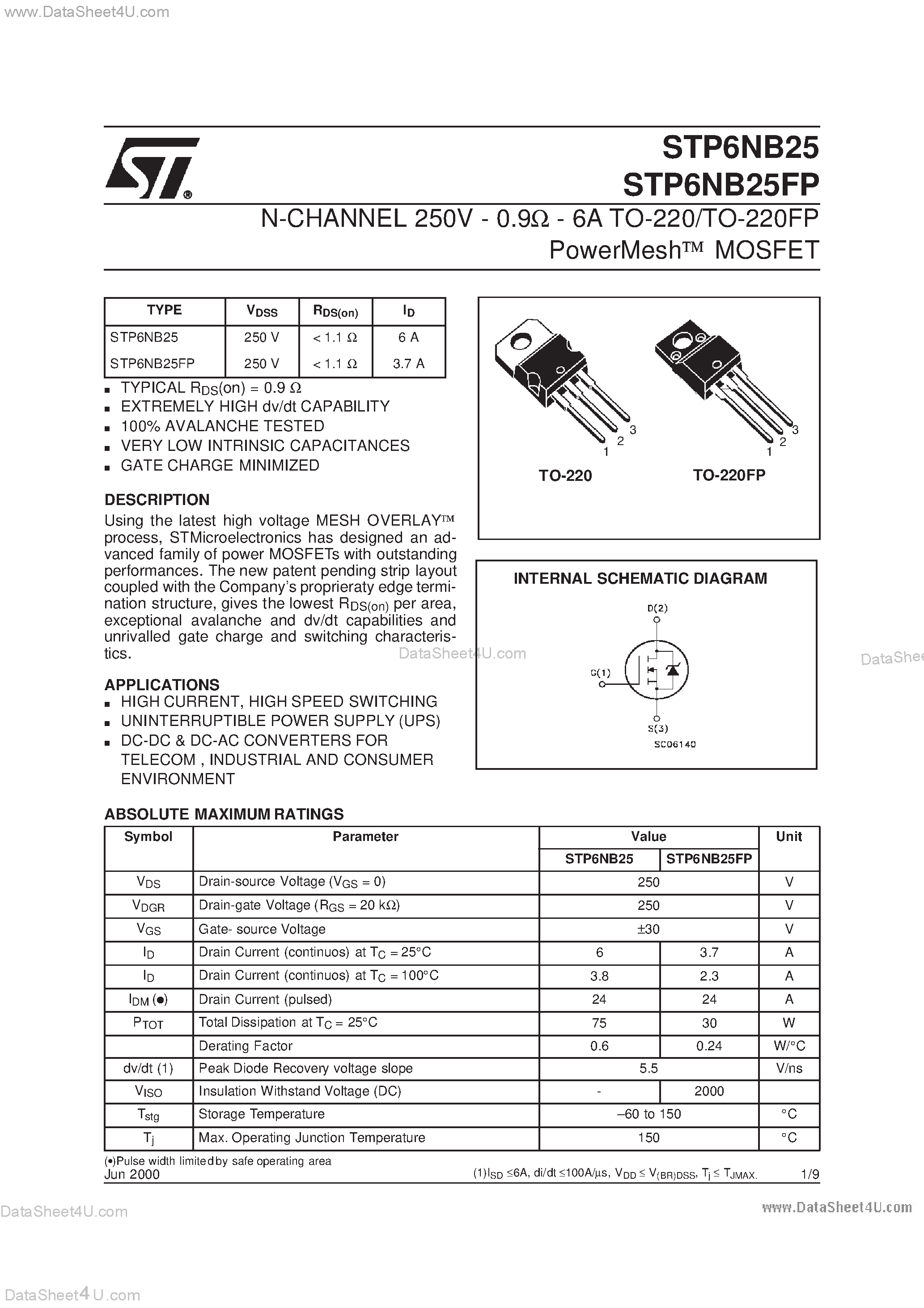 Datasheet STP6NB25 - N-CHANNEL MOSFET page 1