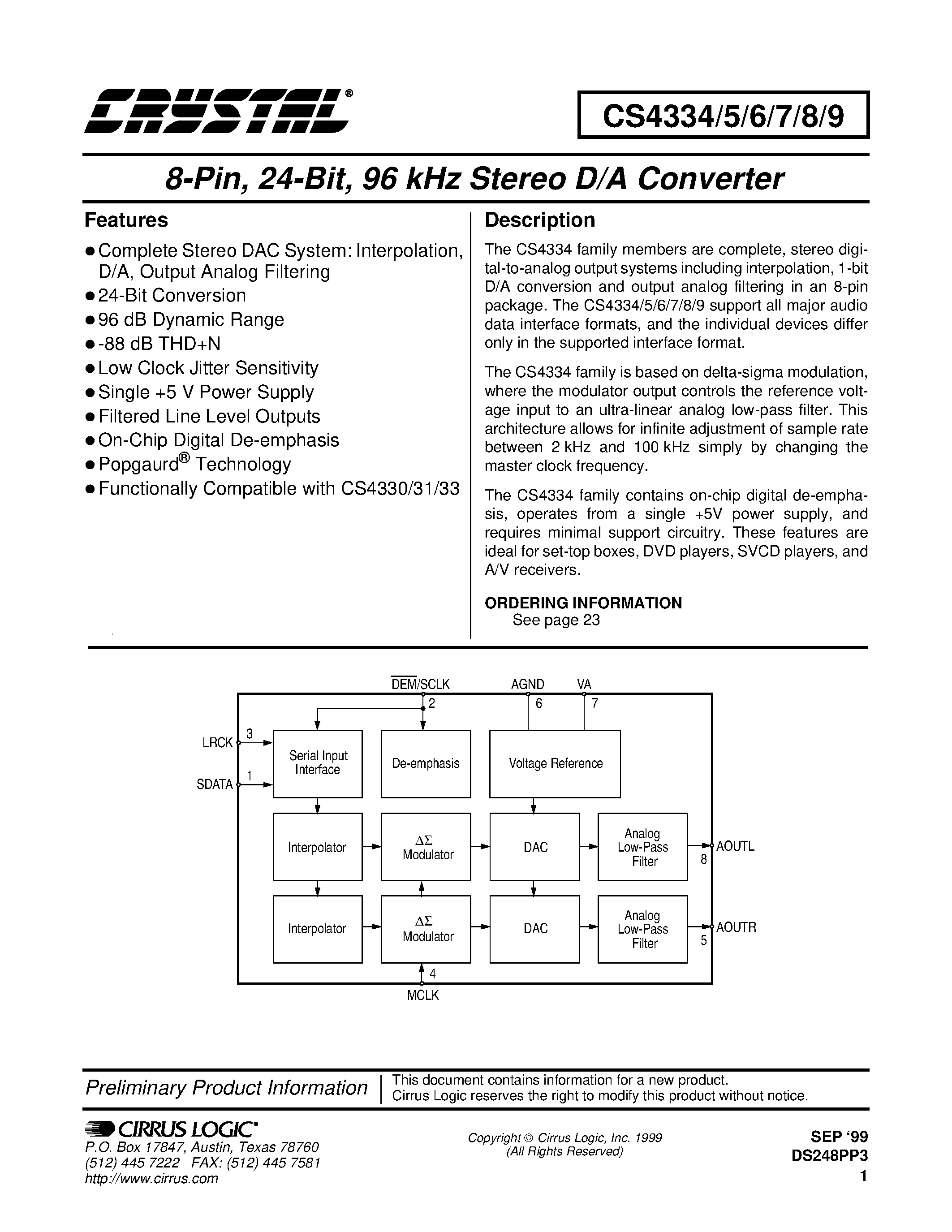 Даташит на микросхему CS4334 страница 1 Даташит CS4334 - (CS4334 - CS4339) Stereo D/A Converter страница 1