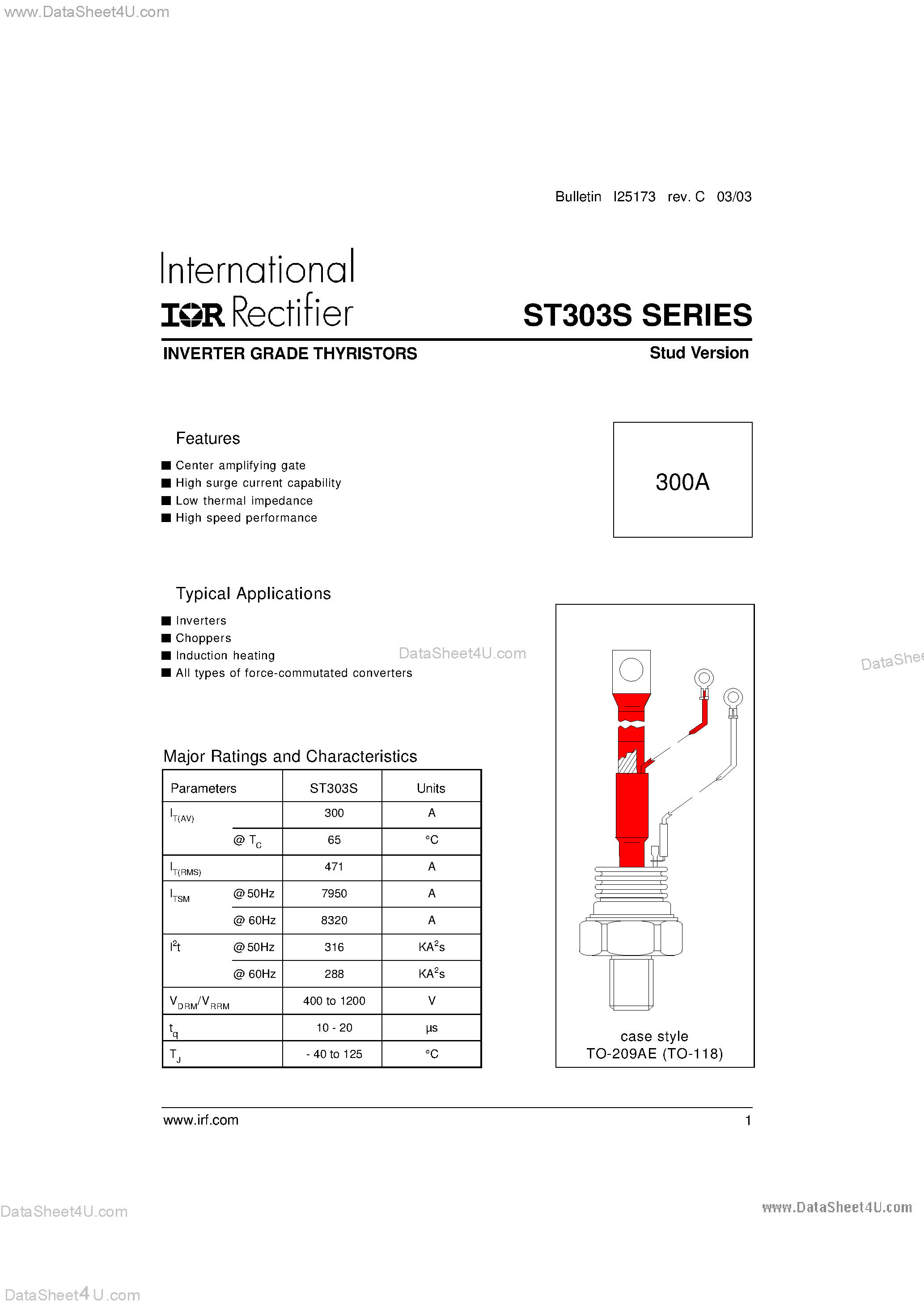 Datasheet ST303S page 1 Datasheet ST303S - INVERTER GRADE THYRISTORS Stud Version page 1