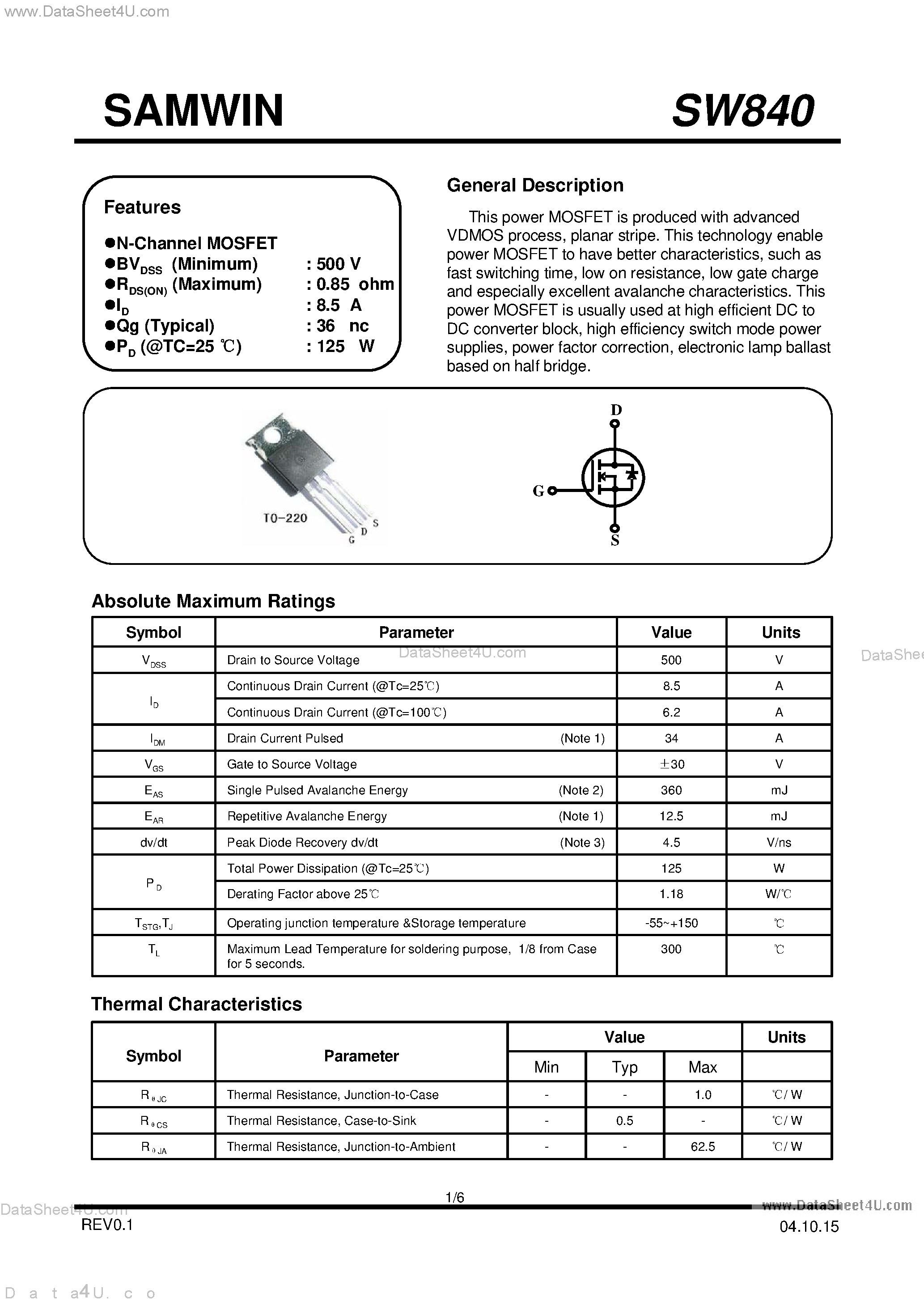 Datasheet SW840 - N-Channel MOSFET page 1