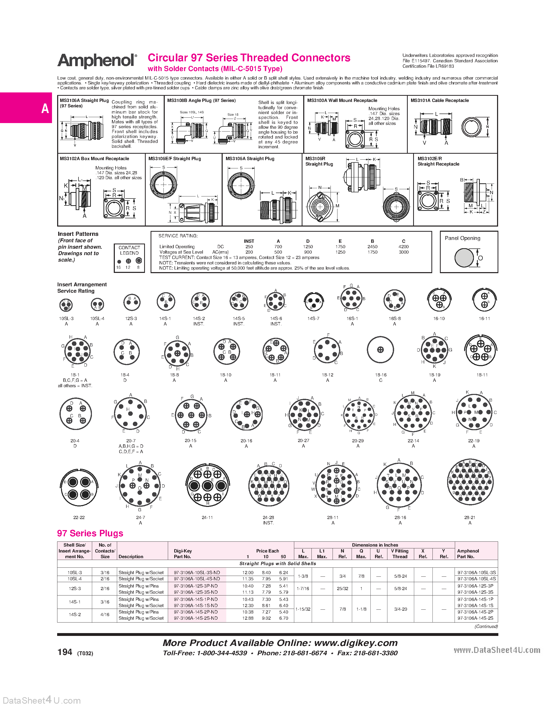 Даташит 97-3100A-xxx - Circular 97 Series Threaded Connectors with Solder Contacts (MIL-C-5015 Type) страница 1