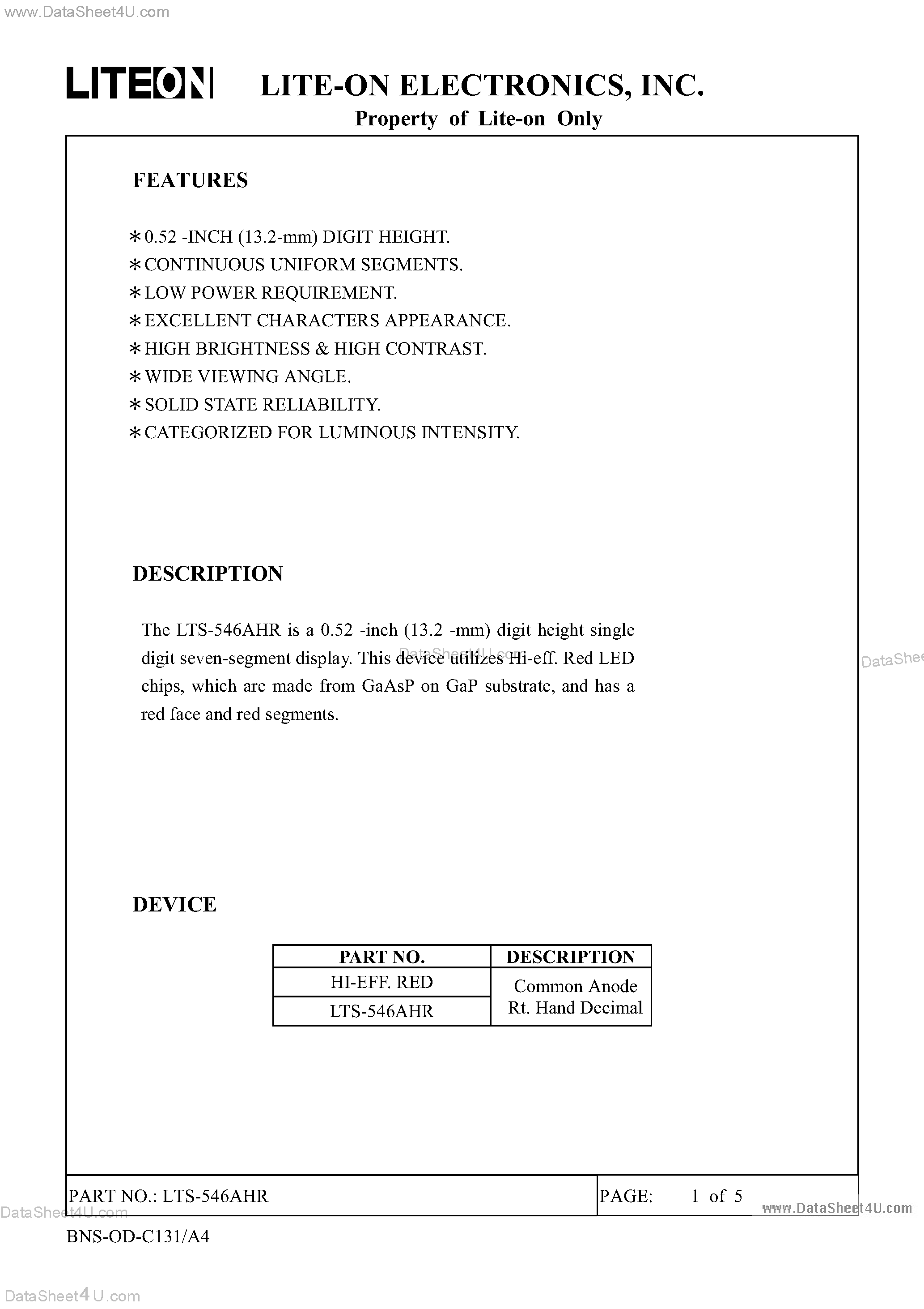 Datasheet LTS-546AHR page 1 Datasheet LTS-546AHR - 0.52 INCH DIGIT HEIGHT SINGLE DIGIT SEVEN SEGMENT DISPLAY page 1