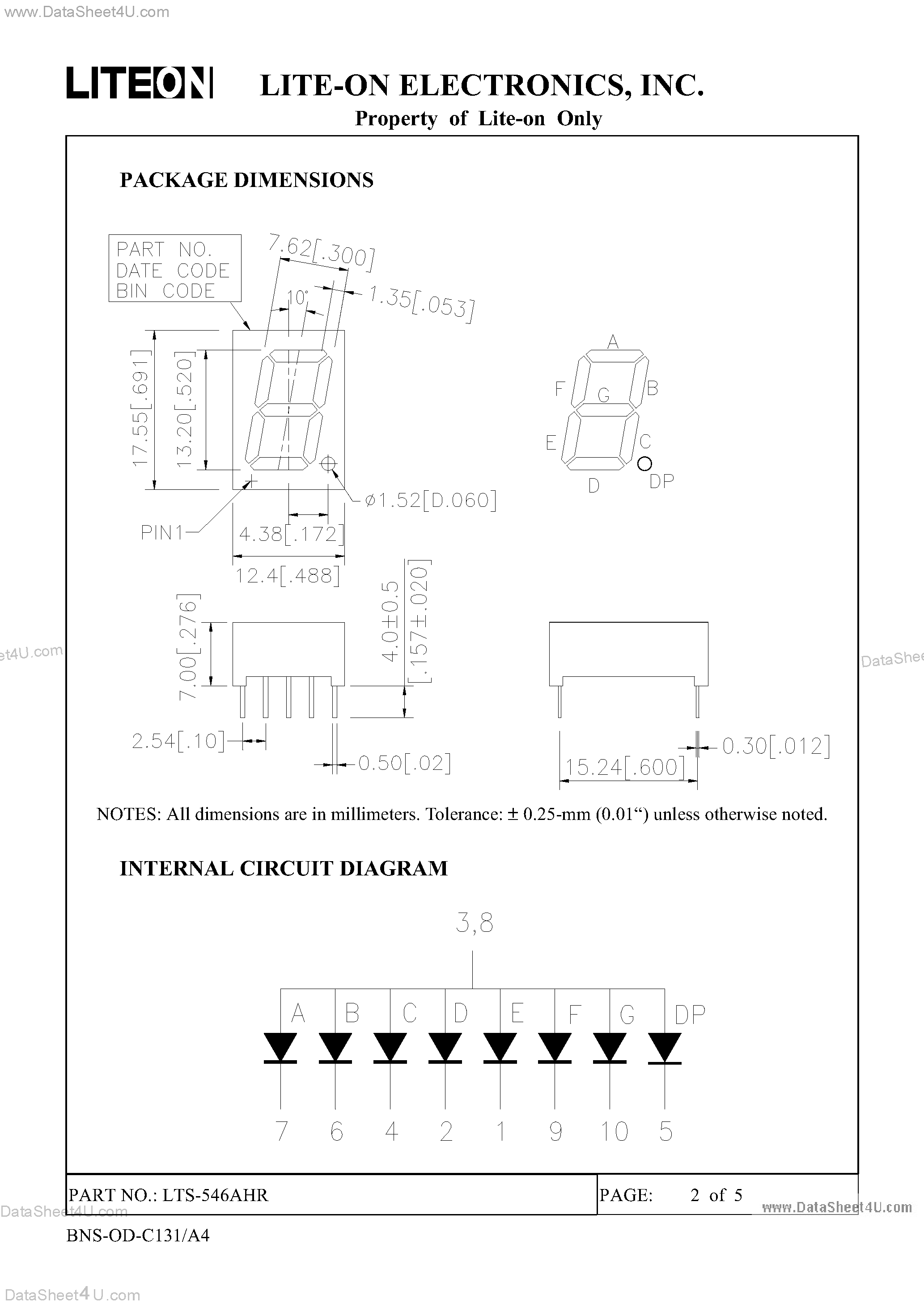 Datasheet LTS-546AHR page 2 Datasheet LTS-546AHR - 0.52 INCH DIGIT HEIGHT SINGLE DIGIT SEVEN SEGMENT DISPLAY page 2
