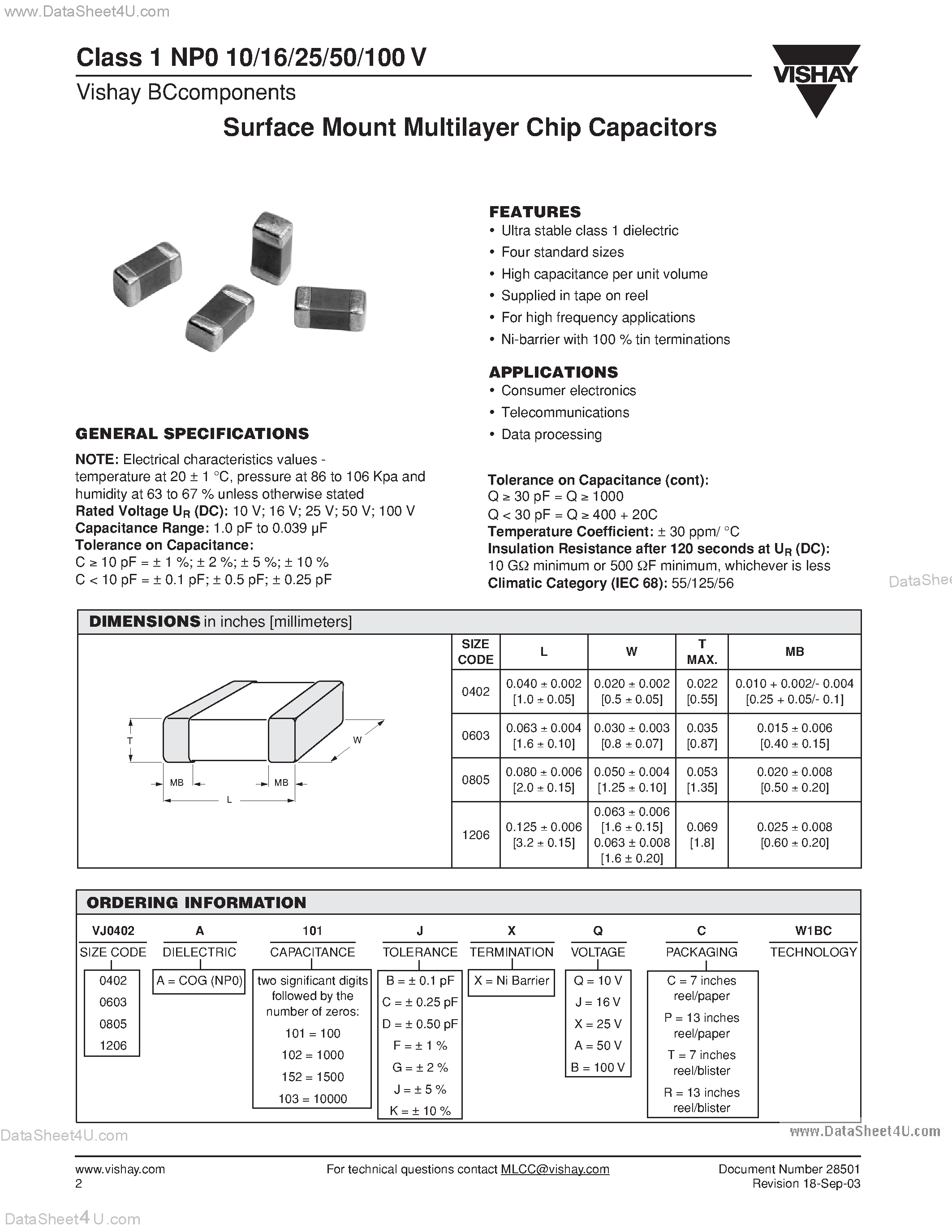 Datasheet VJ0402Axxxxxx - (VJ0805Axxxx) Surface Mount Multilayer Chip Capacitors page 1