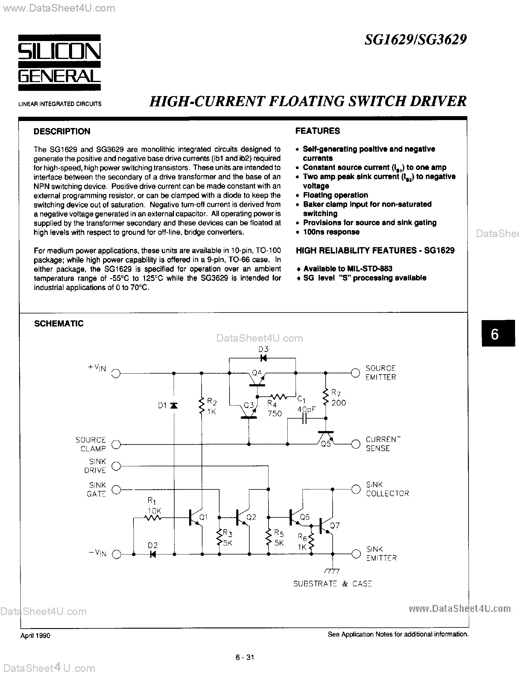Datasheet SG1629 - HIGH CURRENT FLOATING SWITCH DRIVER page 1