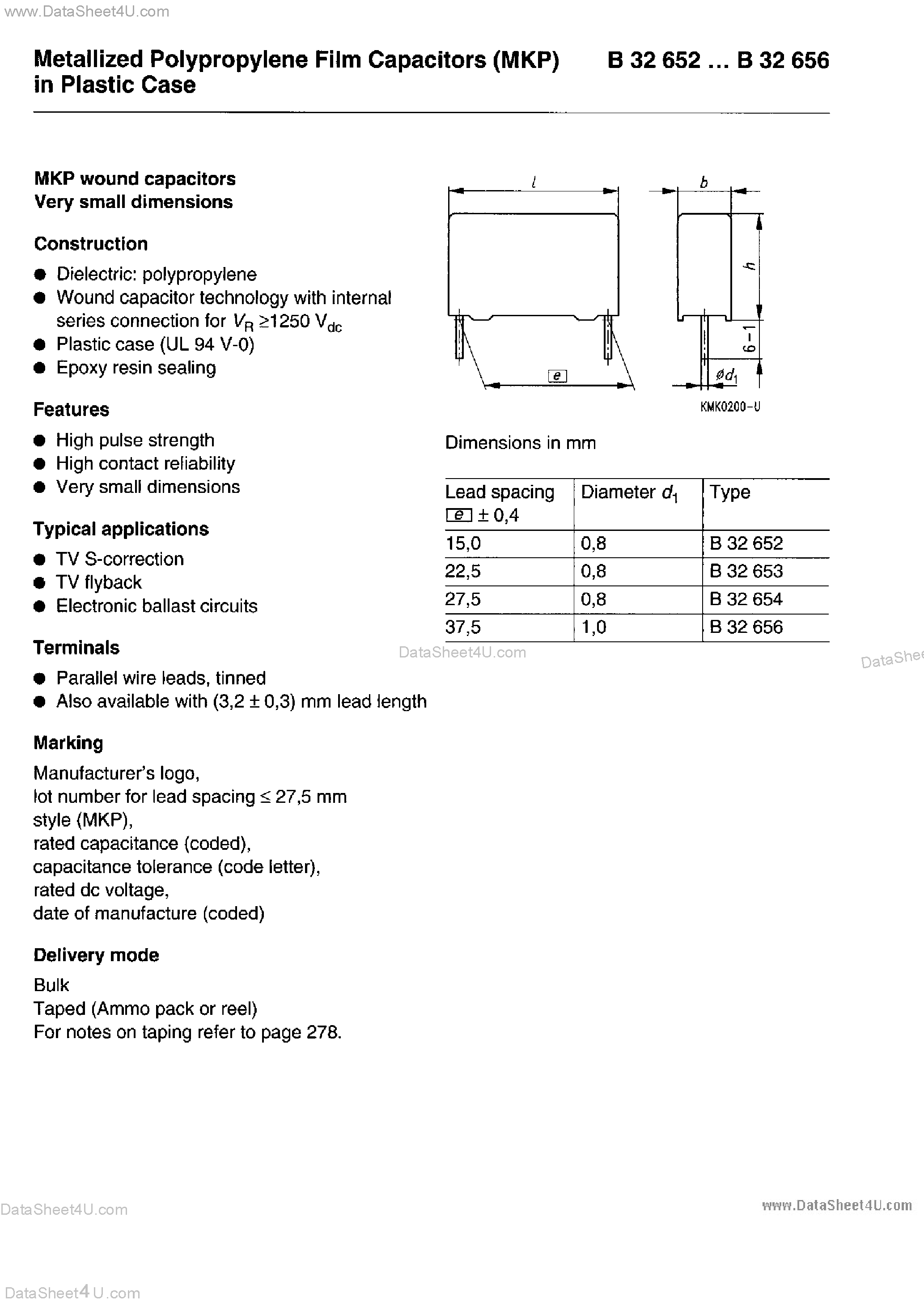 Даташит B32652-xxxxx - (B32652 - B32656) Metallized Polypropylene Film Capacitors страница 1