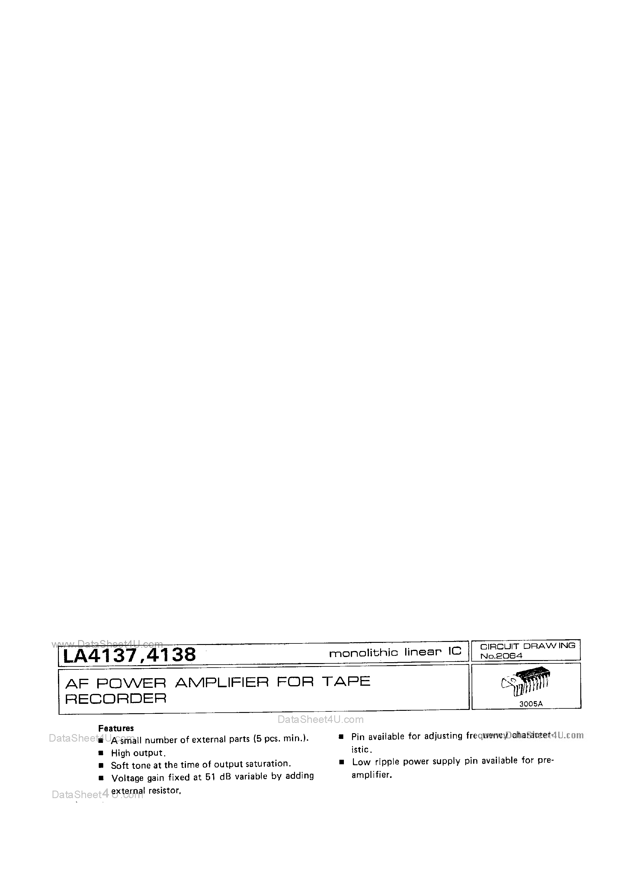 Datasheet LA4137 - (LA4137 / LA4138) 2-CHANNEL AF POWER AMP/ FOR RADIO/ TAPE RECORDER page 1