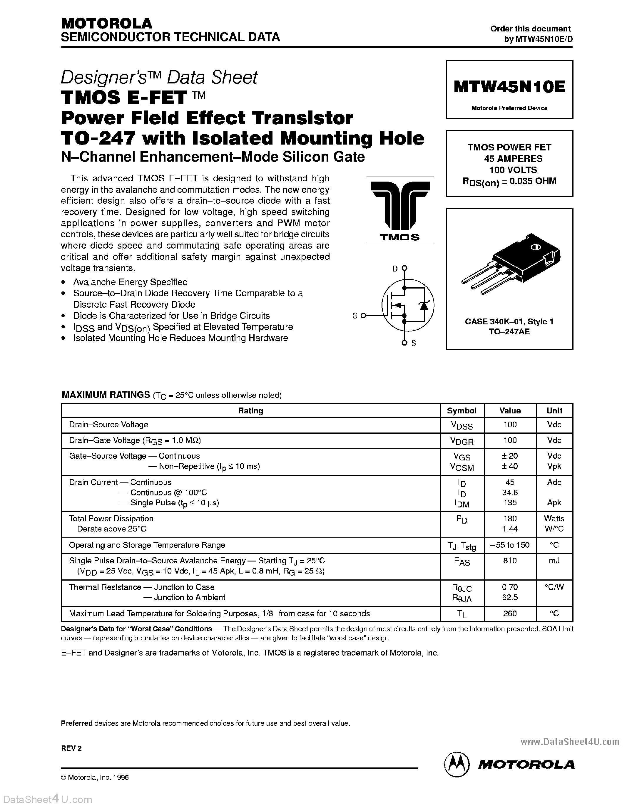 Datasheet MTW45N10E - TMOS POWER FET 45 AMPERES 100 VOLTS RDS(on) = 0.035 OHM page 1