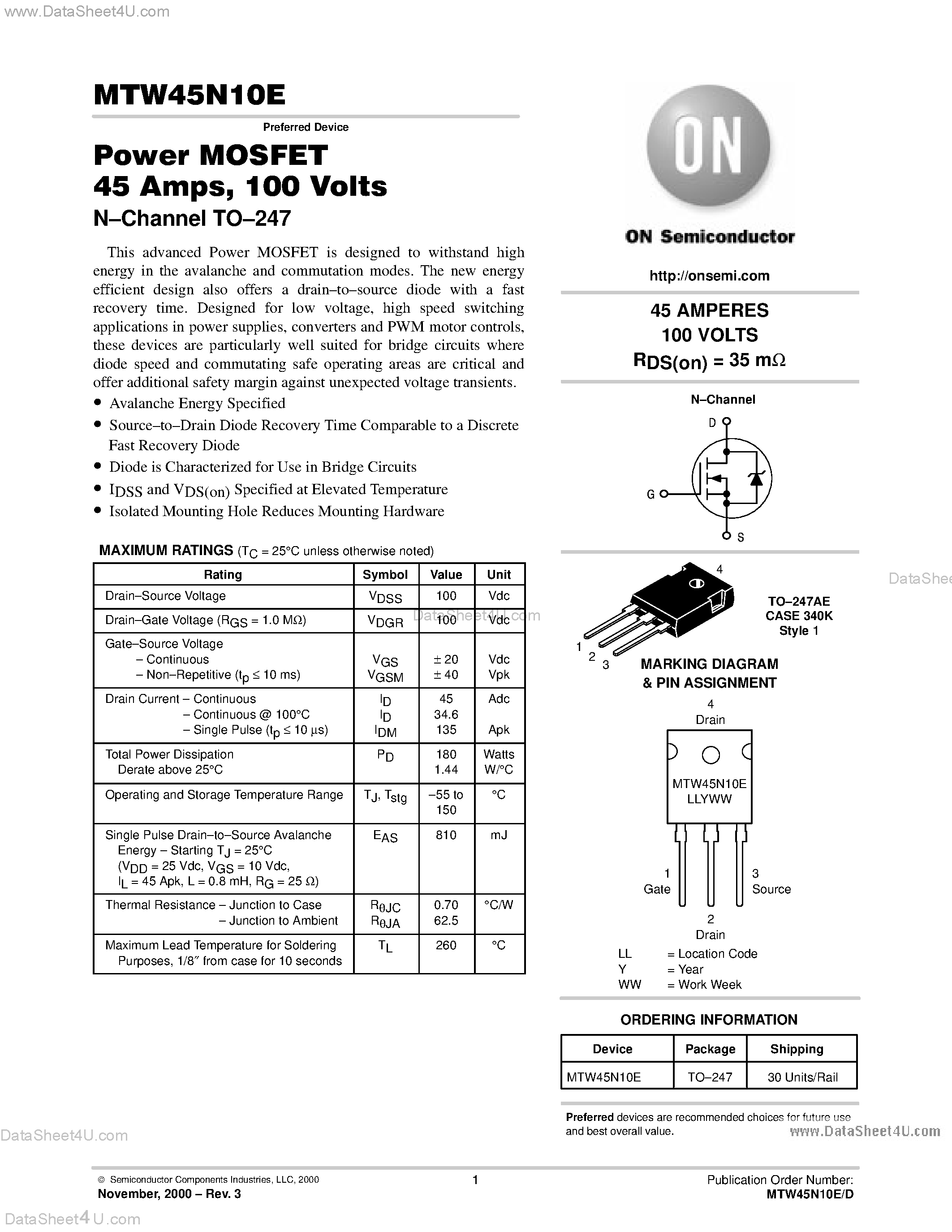Datasheet MTW45N10E - Power MOSFET AMPERES 100 VOLTS RDS(on) = 0.035 OHM page 1
