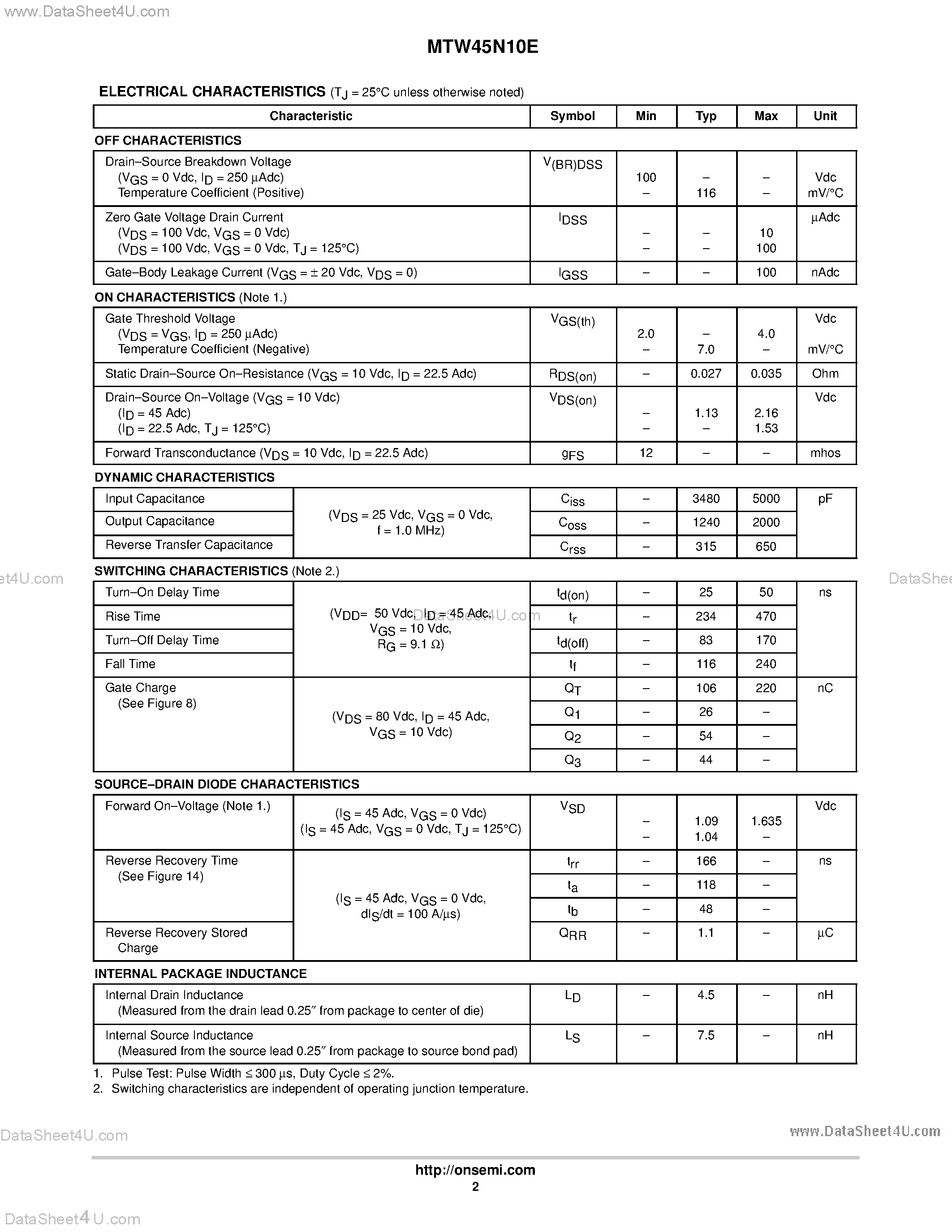 Datasheet MTW45N10E - Power MOSFET AMPERES 100 VOLTS RDS(on) = 0.035 OHM page 2