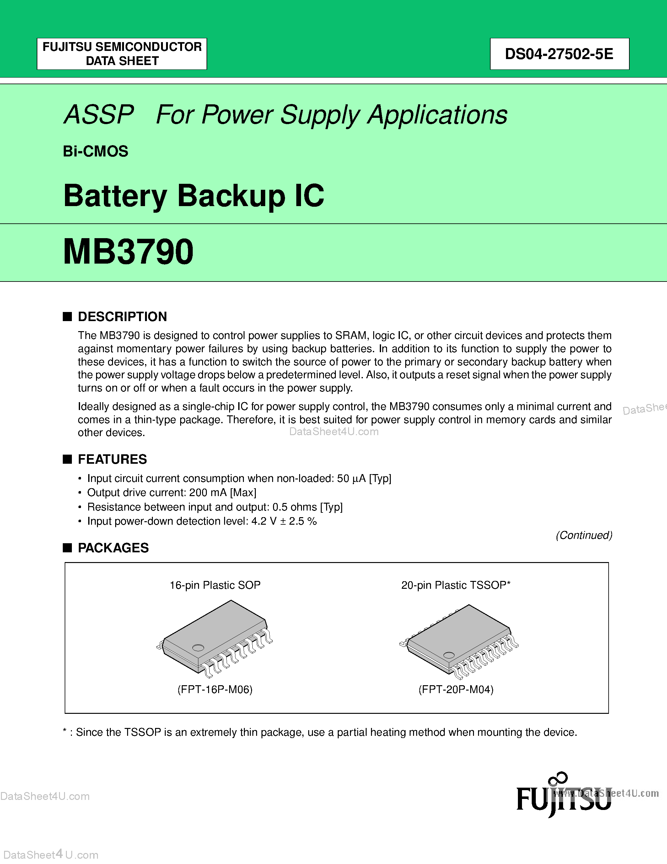 Datasheet MB3790 - Battery Backup IC page 1