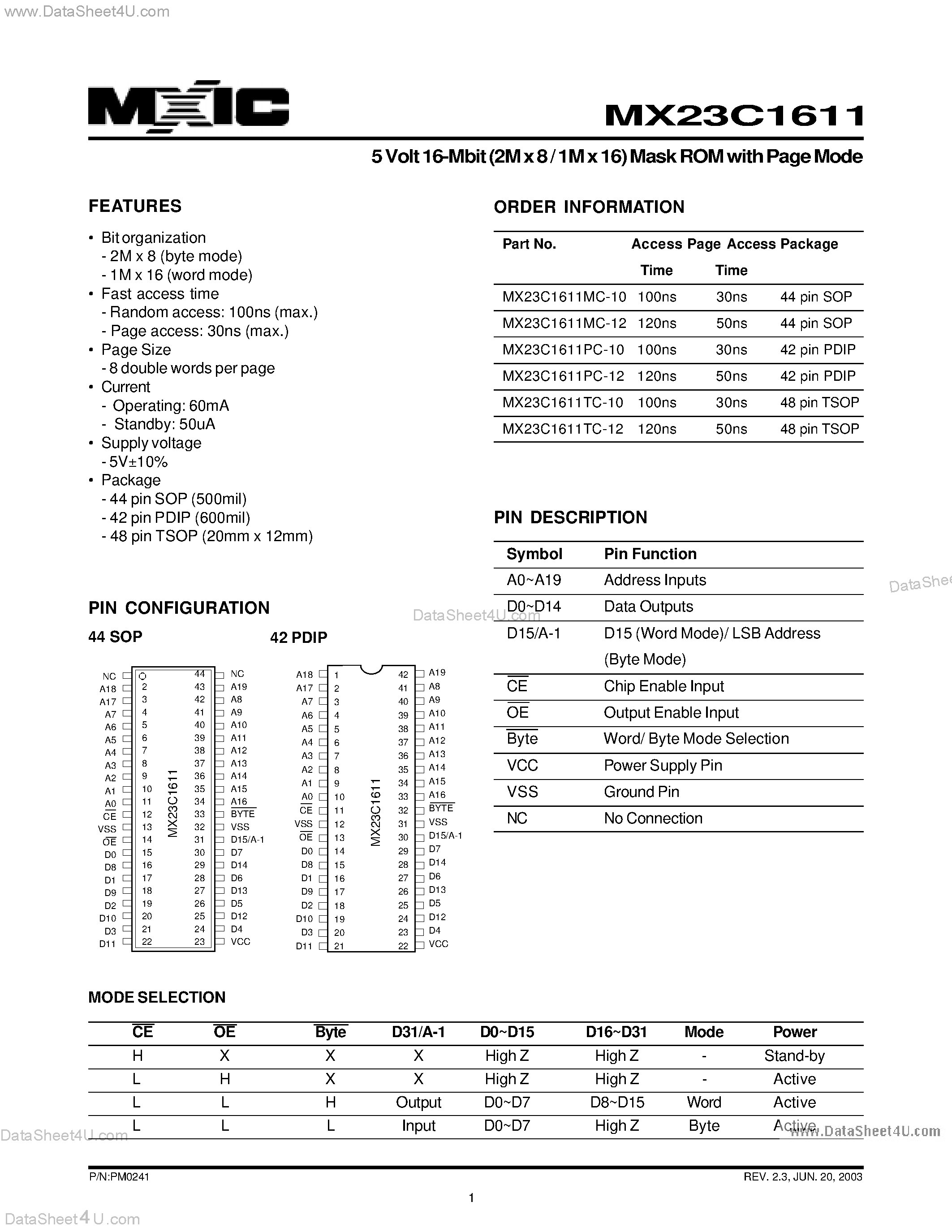 Datasheet MX23C1611 - 5 Volt 16-Mbit (2M x 8 / 1M x 16) Mask ROM with Page Mode page 1