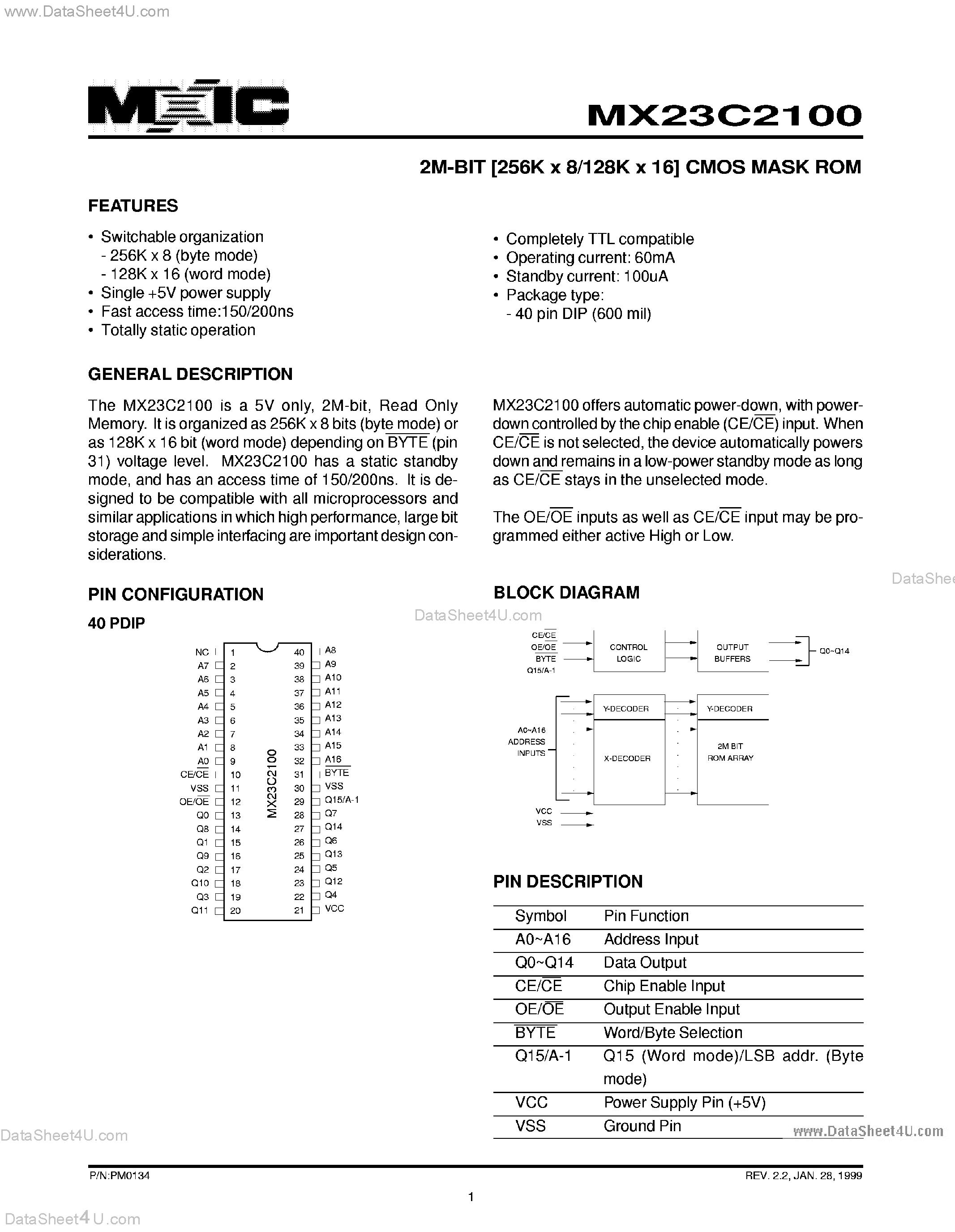 Datasheet MX23C2100 - 2M-BIT 256K x 8/128K x 16 CMOS MASK ROM page 1