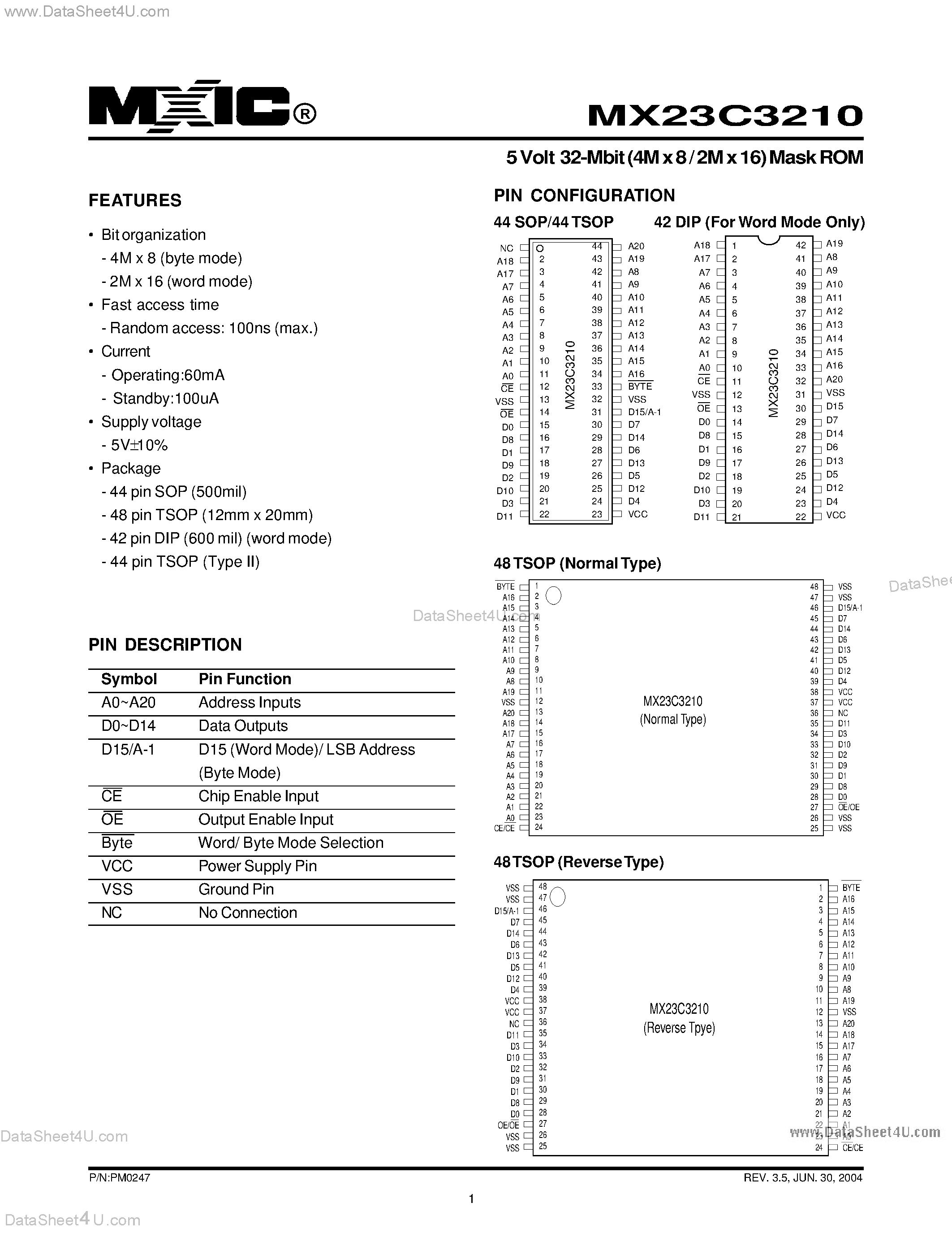 Datasheet MX23C3210 - 5 Volt 32-Mbit (4M x 8 / 2M x 16) Mask ROM page 1