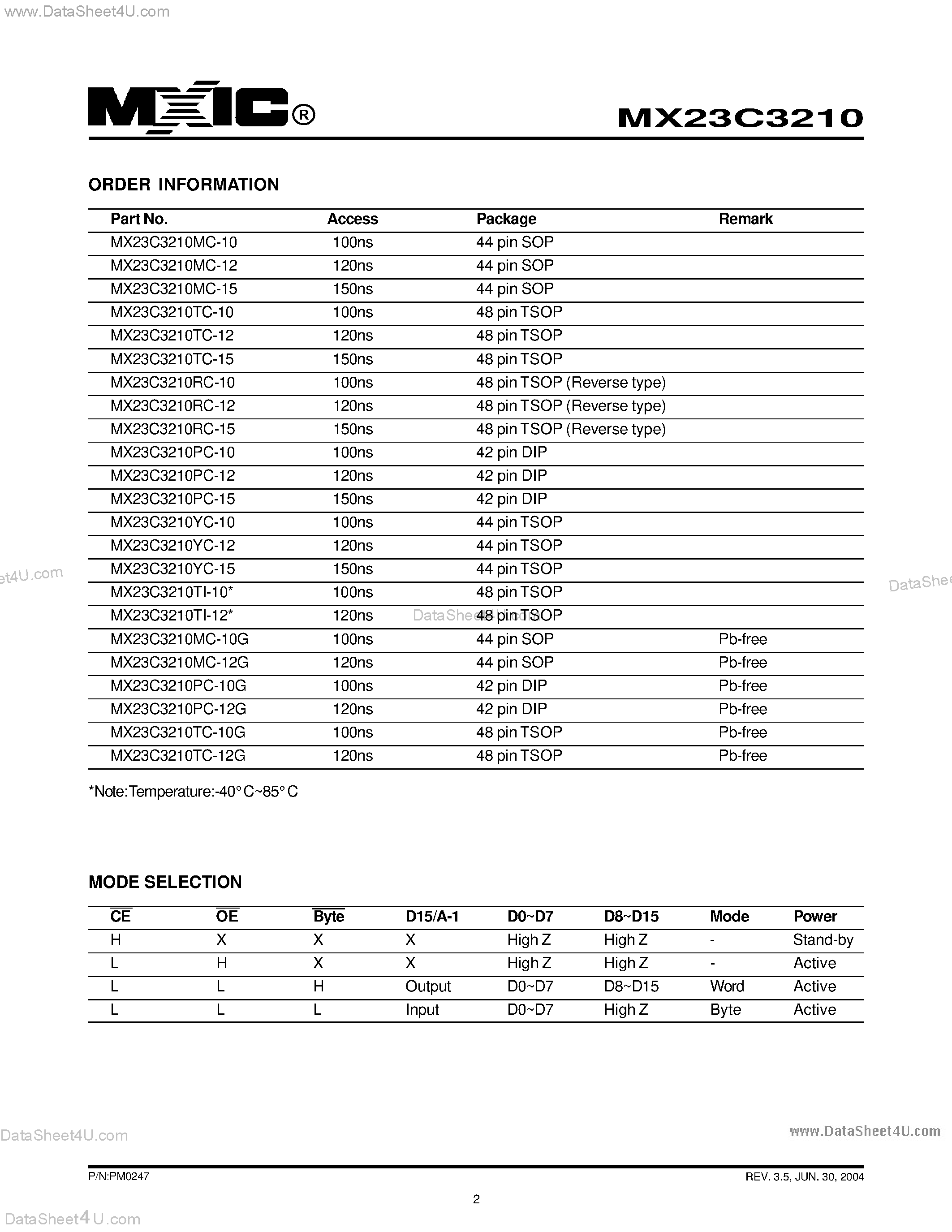 Datasheet MX23C3210 - 5 Volt 32-Mbit (4M x 8 / 2M x 16) Mask ROM page 2