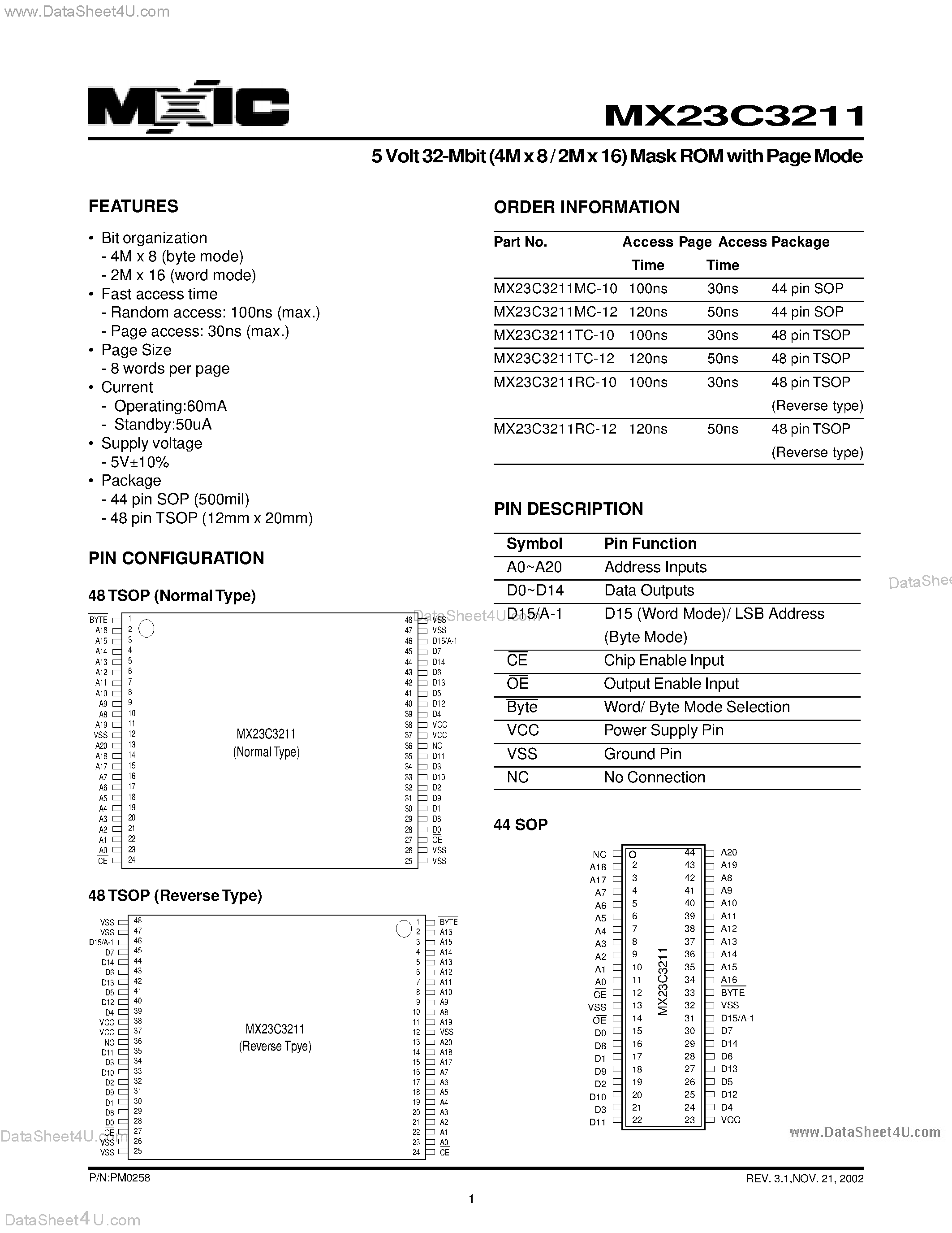 Datasheet MX23C3211 page 1 Datasheet MX23C3211 - 5 Volt 32-Mbit (4M x 8 / 2M x 16) Mask ROM with Page Mode page 1