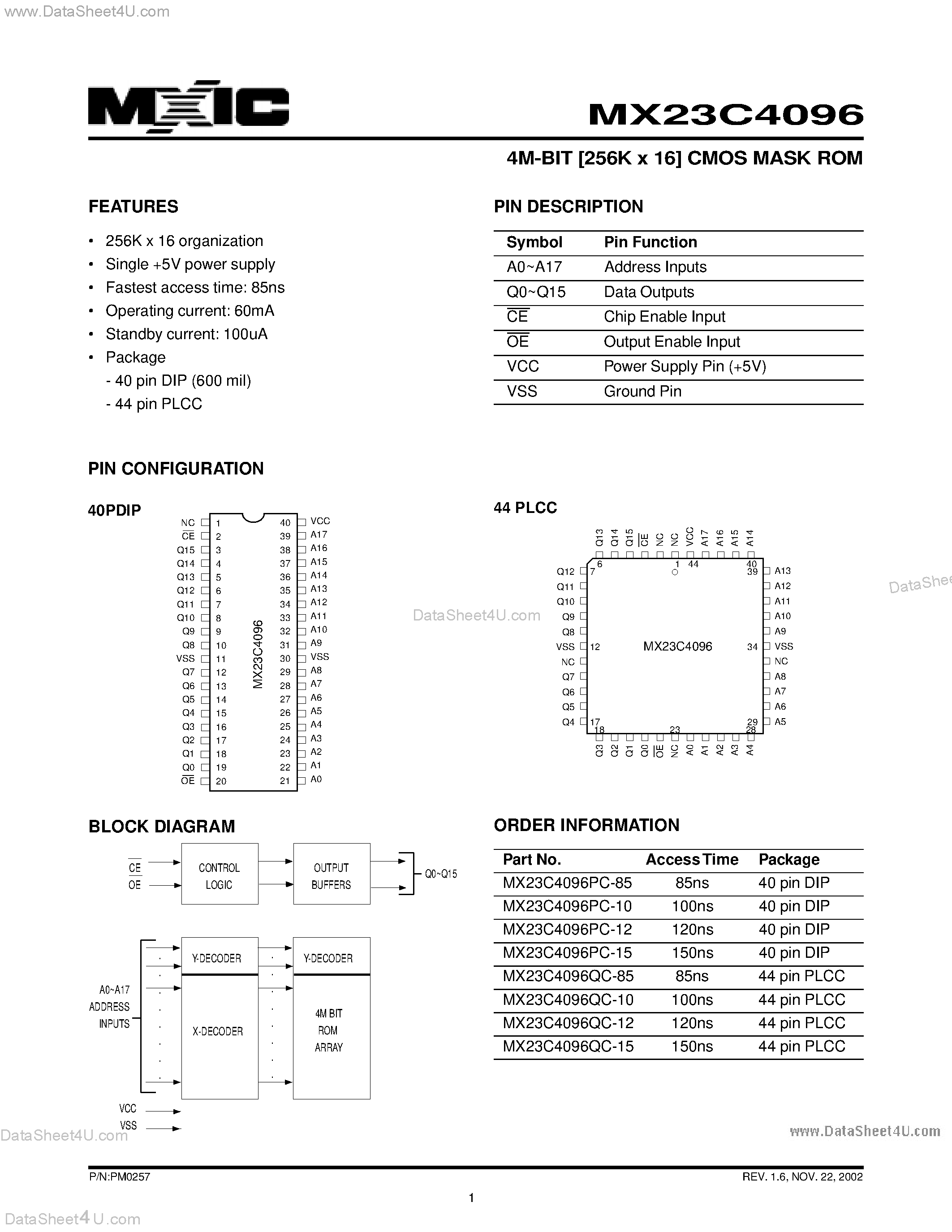 Datasheet MX23C4096 - 4M-BIT [256K x 16] CMOS MASK ROM page 1