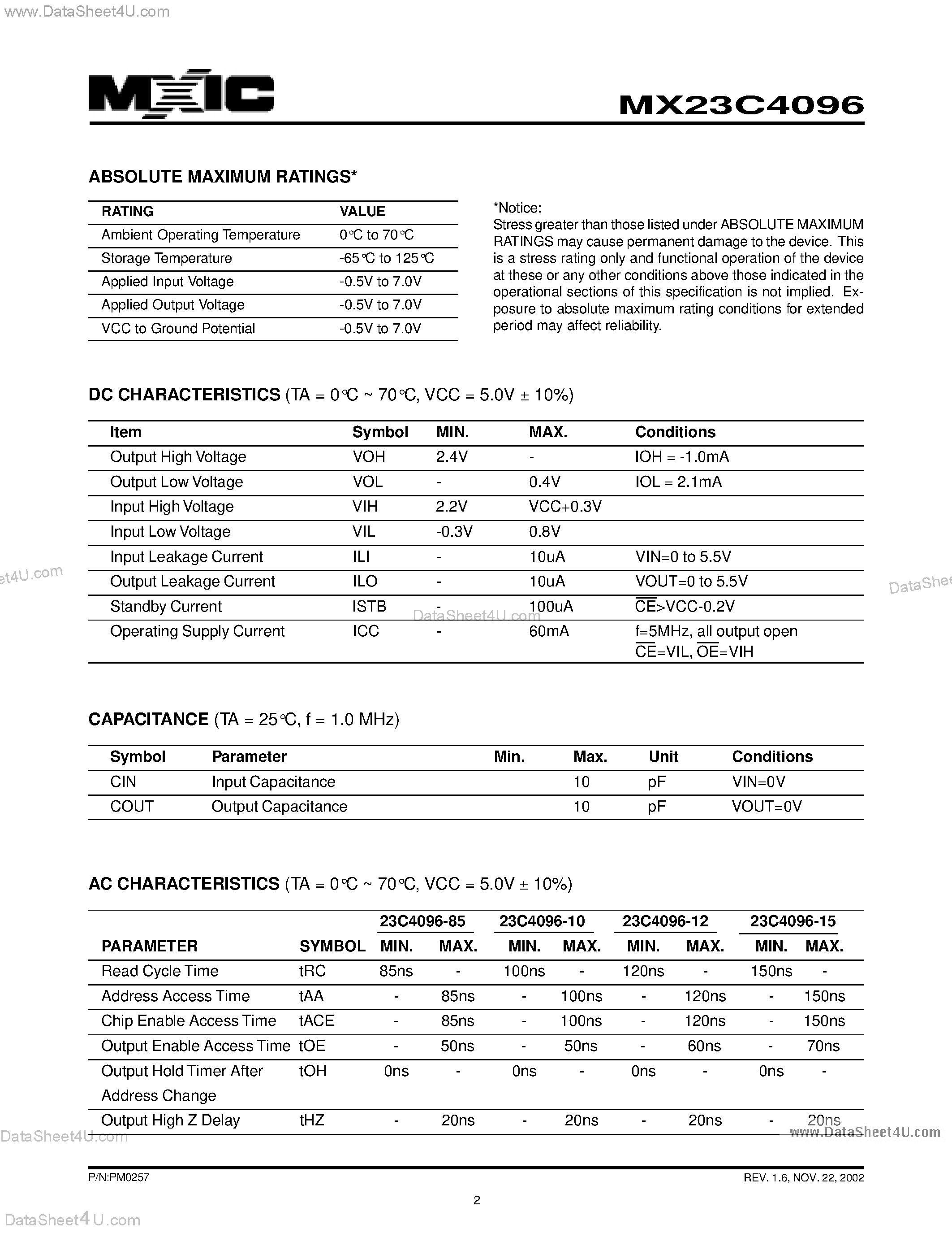 Datasheet MX23C4096 - 4M-BIT [256K x 16] CMOS MASK ROM page 2