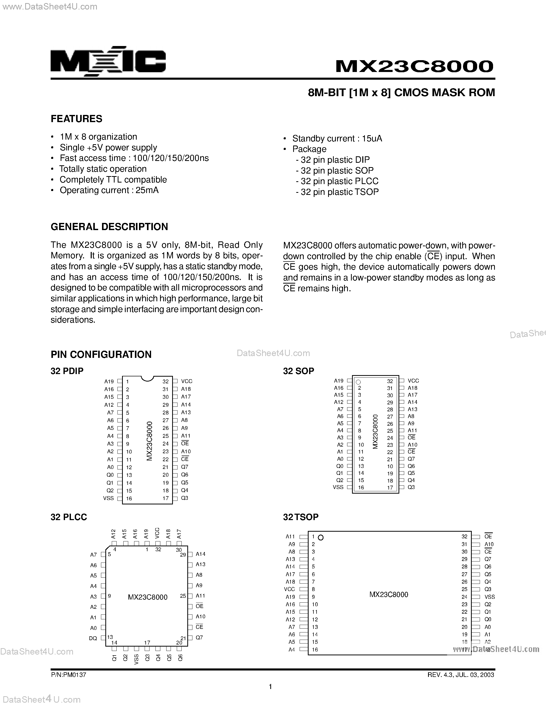 Datasheet MX23C8000 - 8M-BIT [1M x 8] CMOS MASK ROM page 1