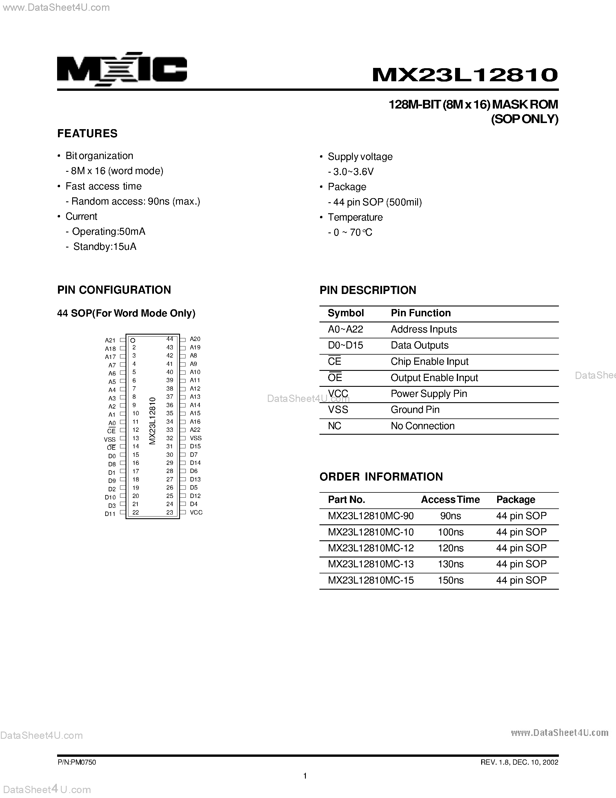 Datasheet MX23L12810 - 128M-BIT (8M x 16) MASK ROM (SOP ONLY) page 1