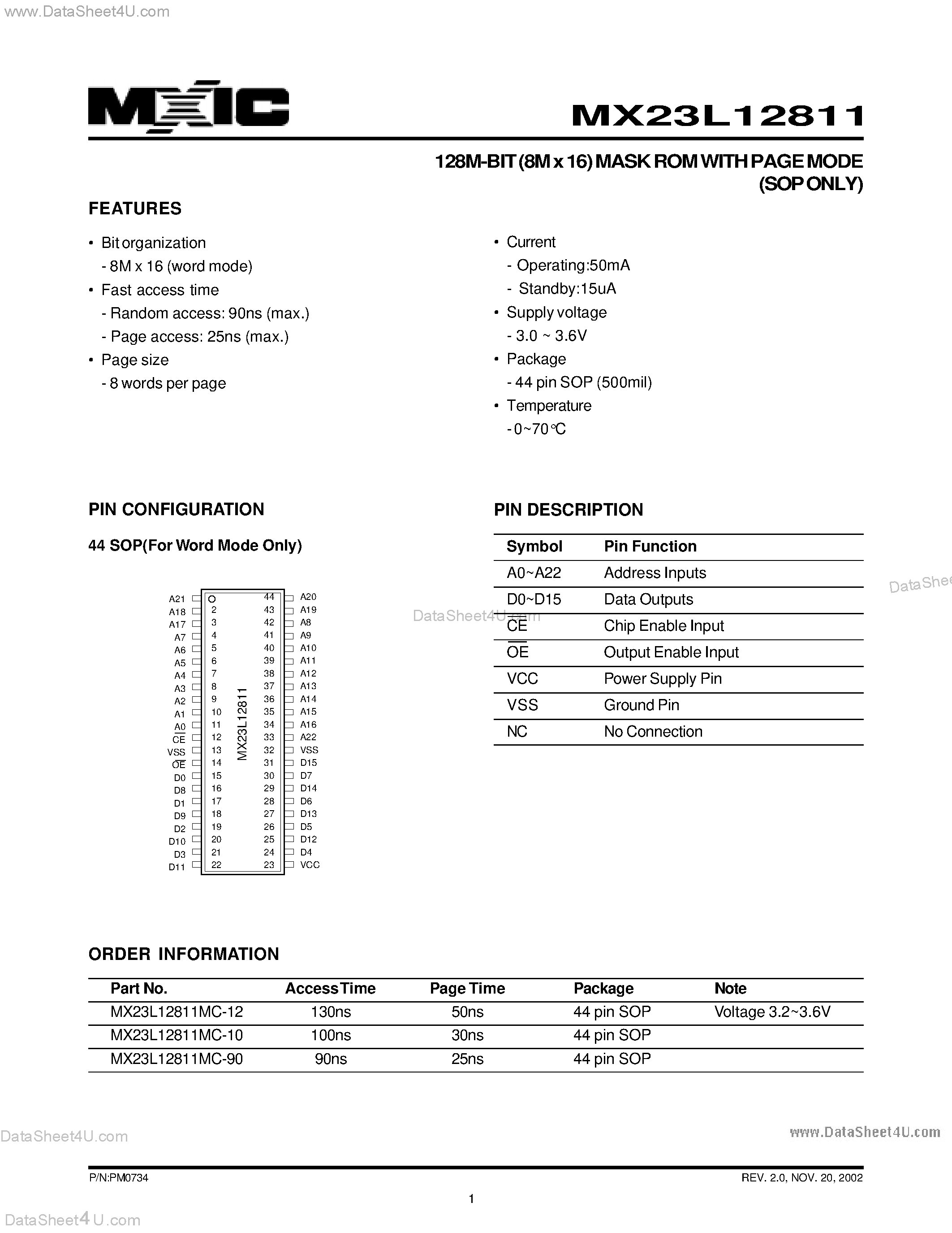 Datasheet MX23L12811 - 128M-BIT (8M x 16) MASK ROM WITH PAGE MODE(SOP ONLY) page 1