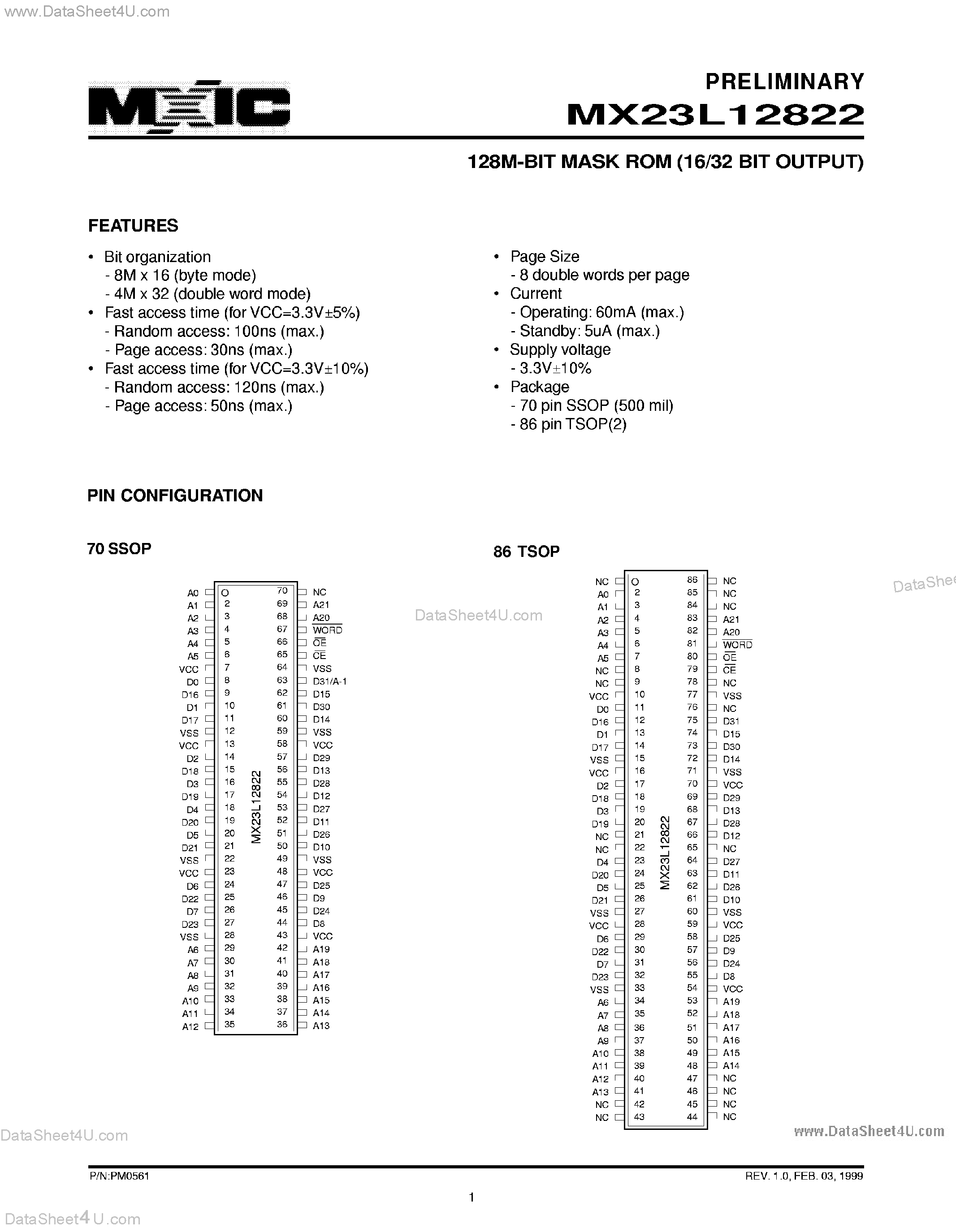 Datasheet MX23L12822 page 1 Datasheet MX23L12822 - 128M-BIT (8M x 16 / 4M x 32) MASK ROM WITH PAGE MODE page 1
