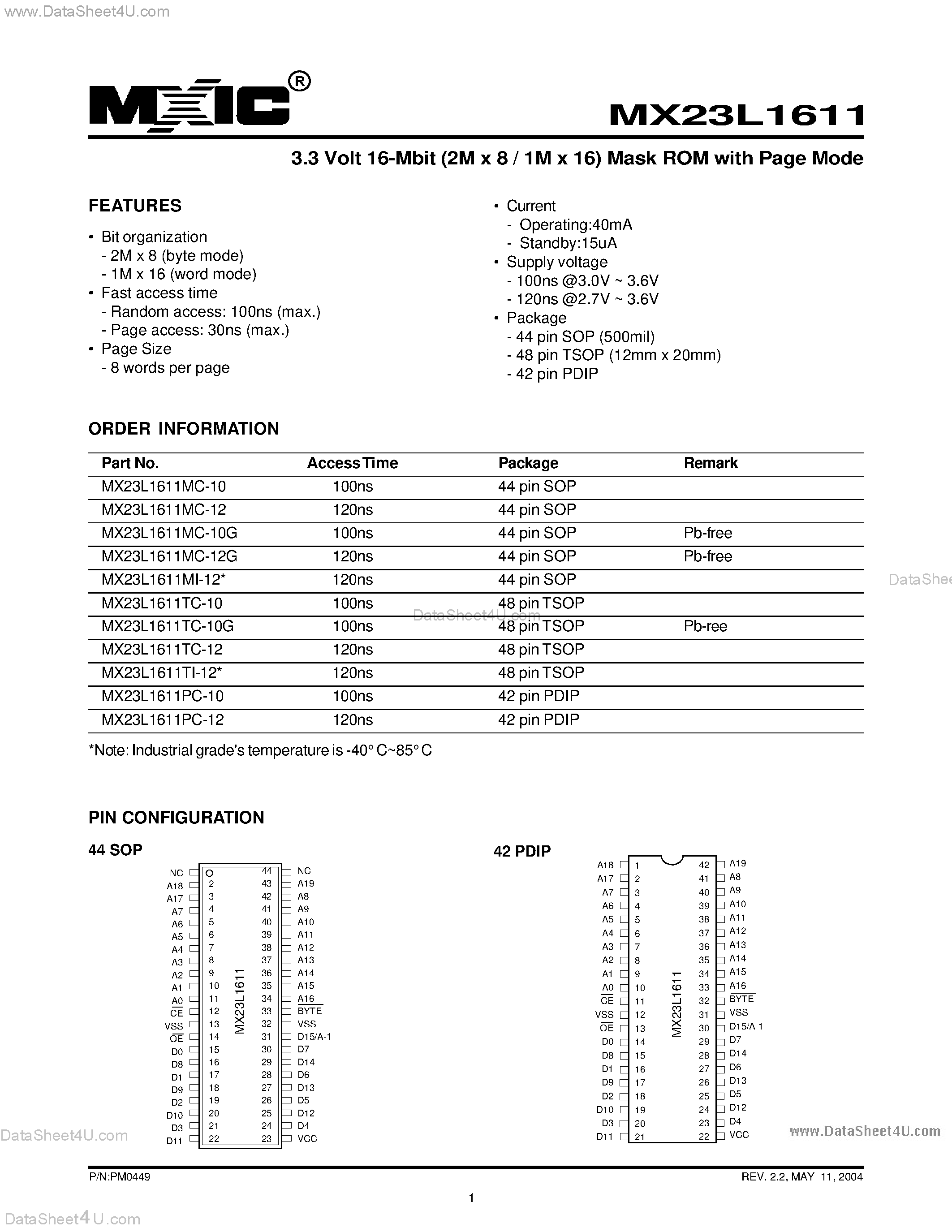 Datasheet MX23L1611 - 3.3 Volt 16-Mbit (2M x 8 / 1M x 16) Mask ROM with Page Mode page 1