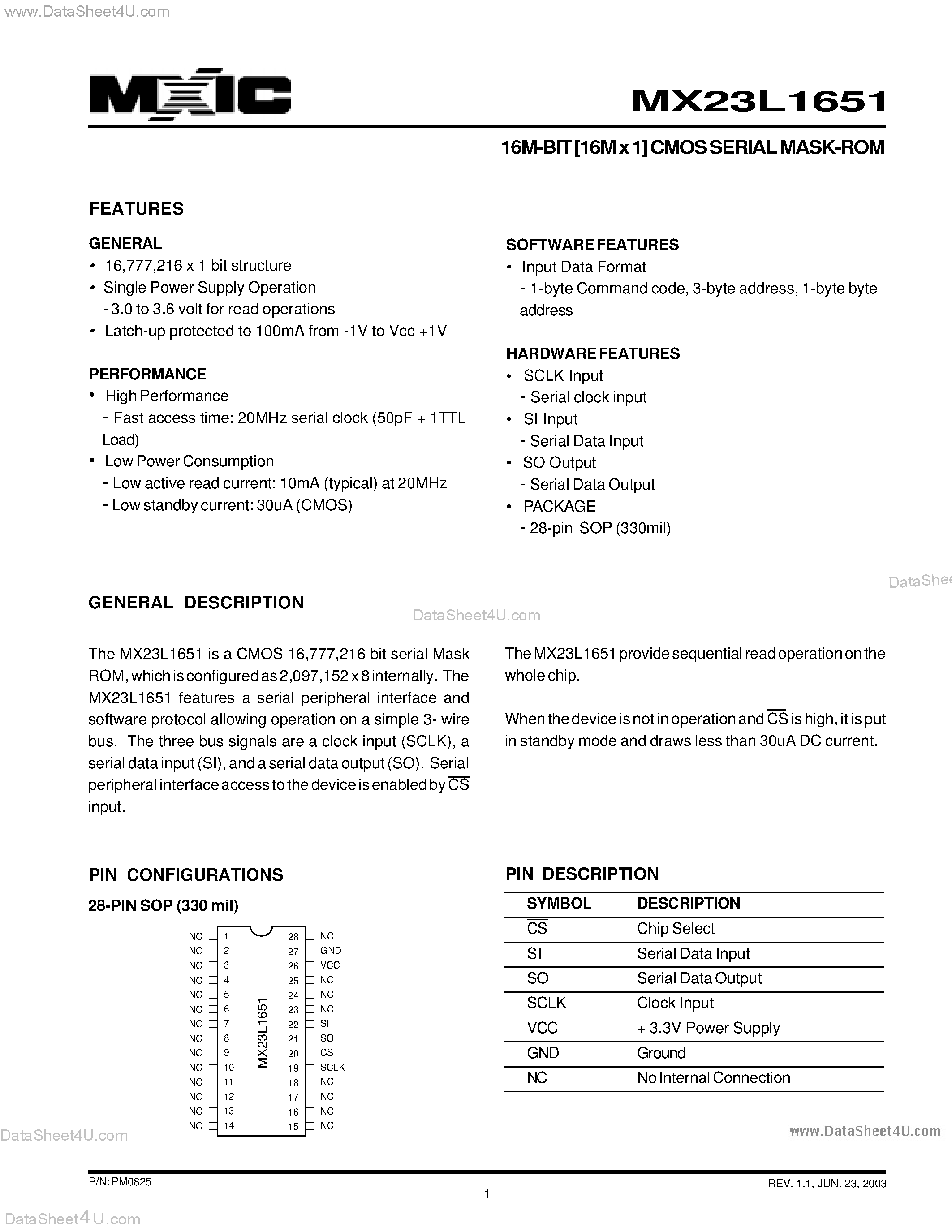 Datasheet MX23L1651 - 16M-BIT [16M x 1] CMOS SERIAL MASK-ROM page 1