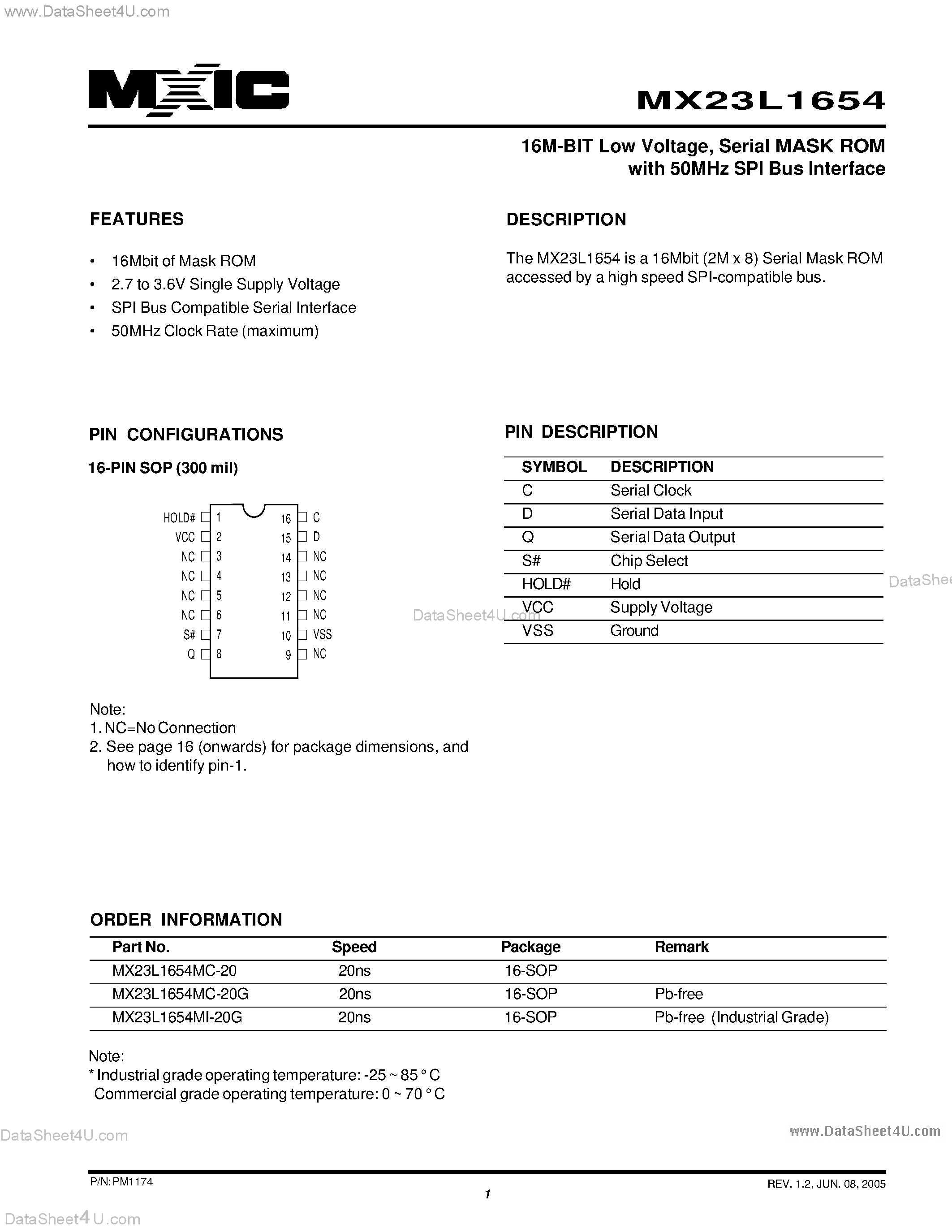 Datasheet MX23L1654 page 1 Datasheet MX23L1654 - 16M-BIT Low Voltage / Serial MASK ROM with 50MHz SPI Bus Interface page 1