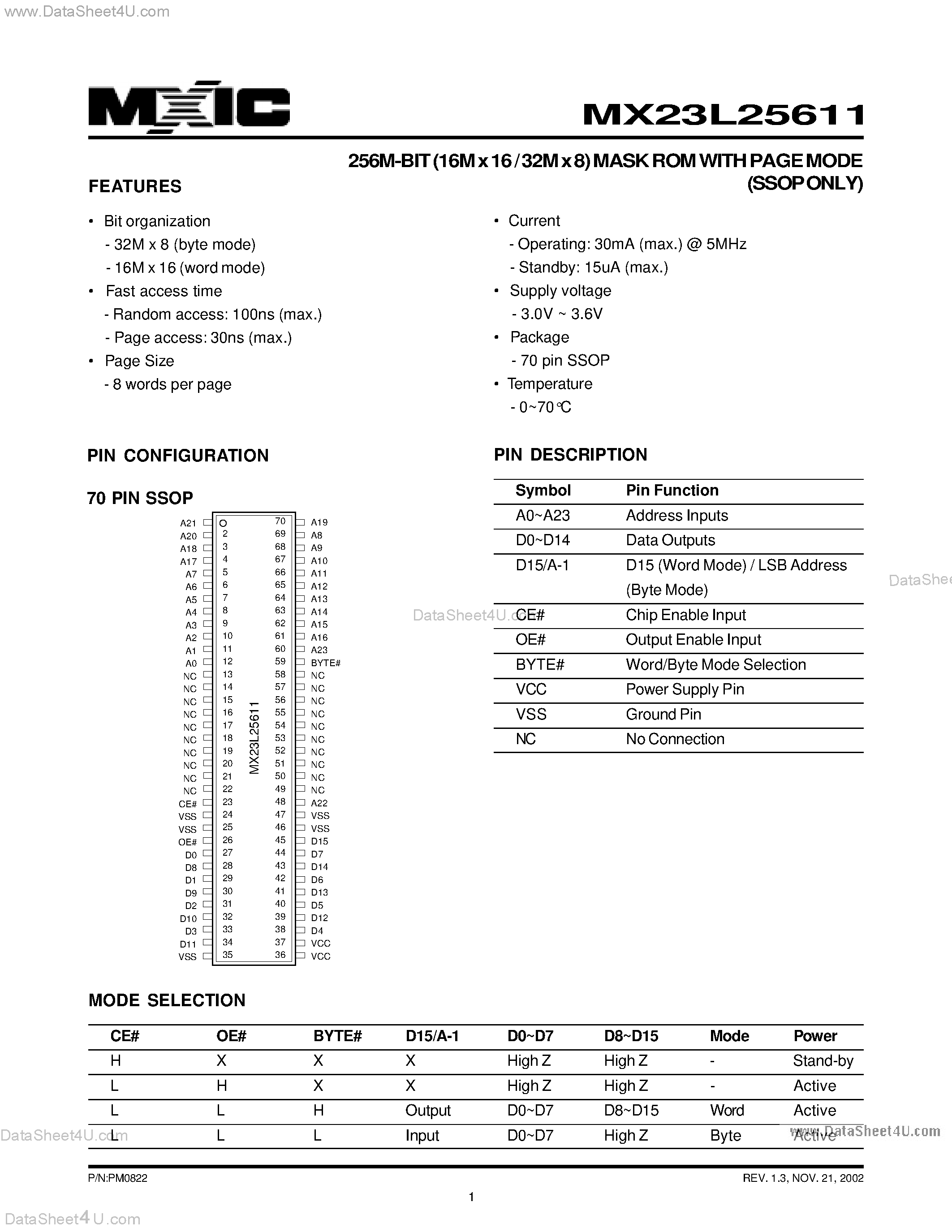 Даташит MX23L25611 - 256M-BIT (16M x 16 / 32M x 8) MASK ROM WITH PAGE MODE (SSOP ONLY) страница 1