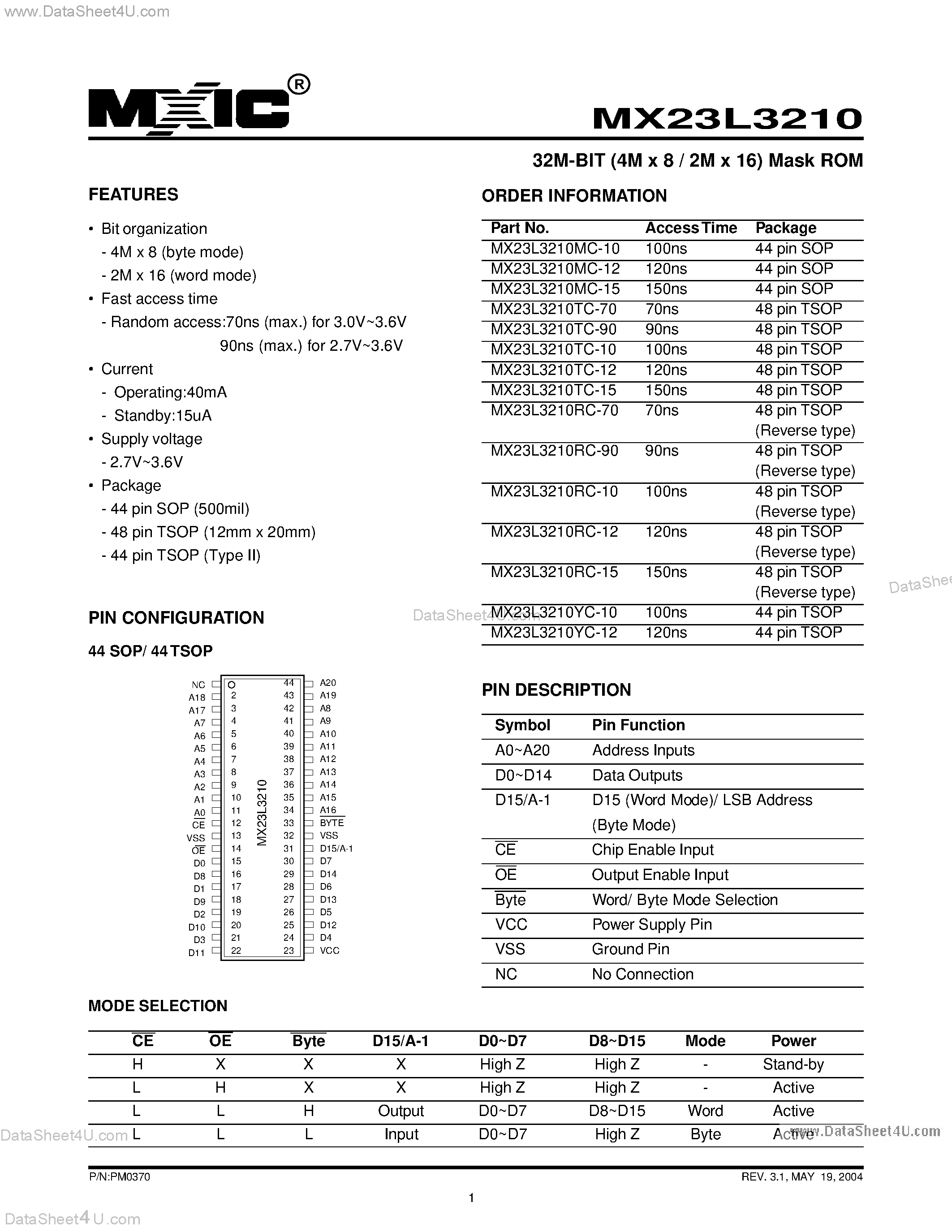 Datasheet MX23L3210 - 32M-BIT (4M x 8 / 2M x 16) Mask ROM page 1