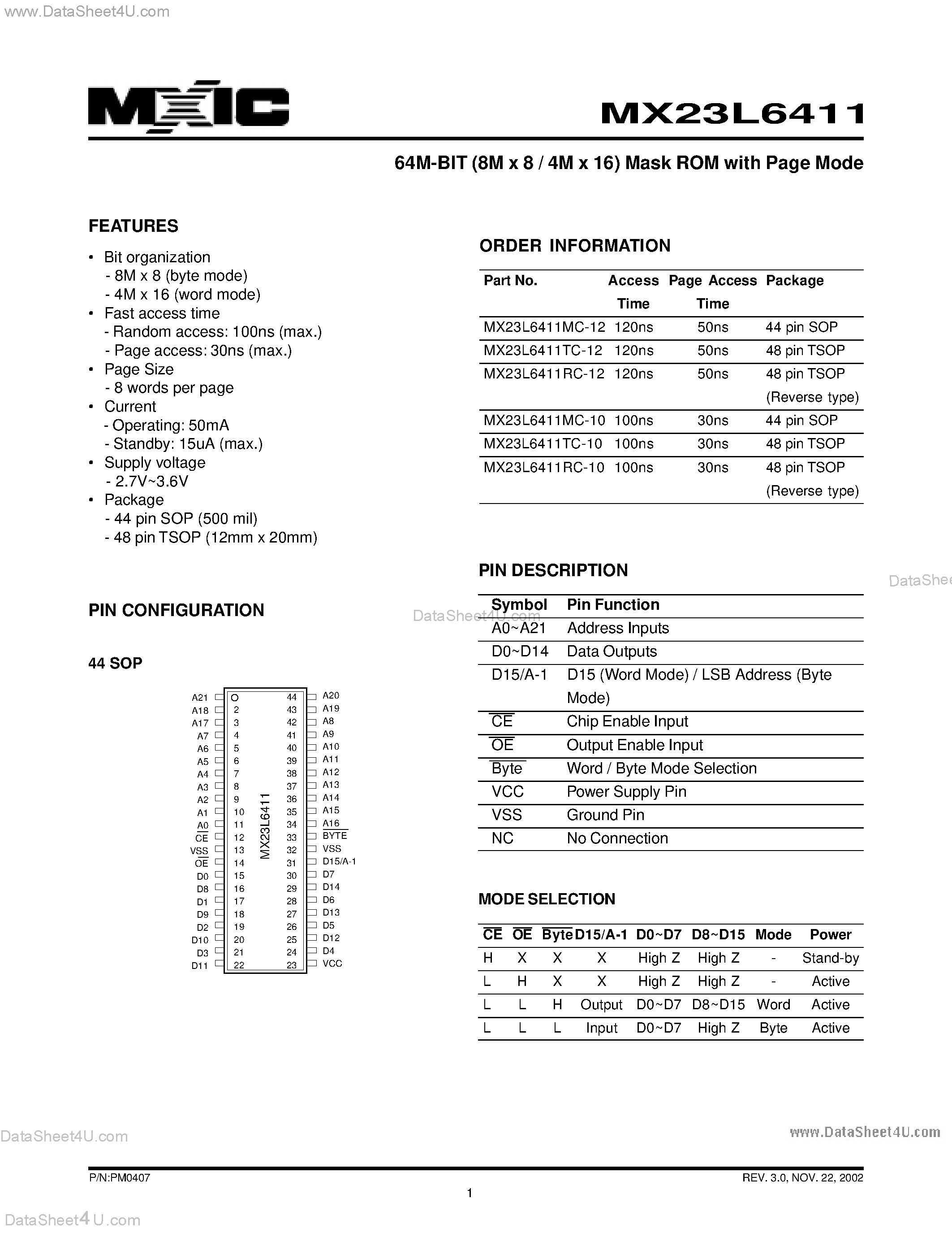 Datasheet MX23L6411 page 1 Datasheet MX23L6411 - 64M-BIT (8M x 8 / 4M x 16) Mask ROM with Page Mode page 1