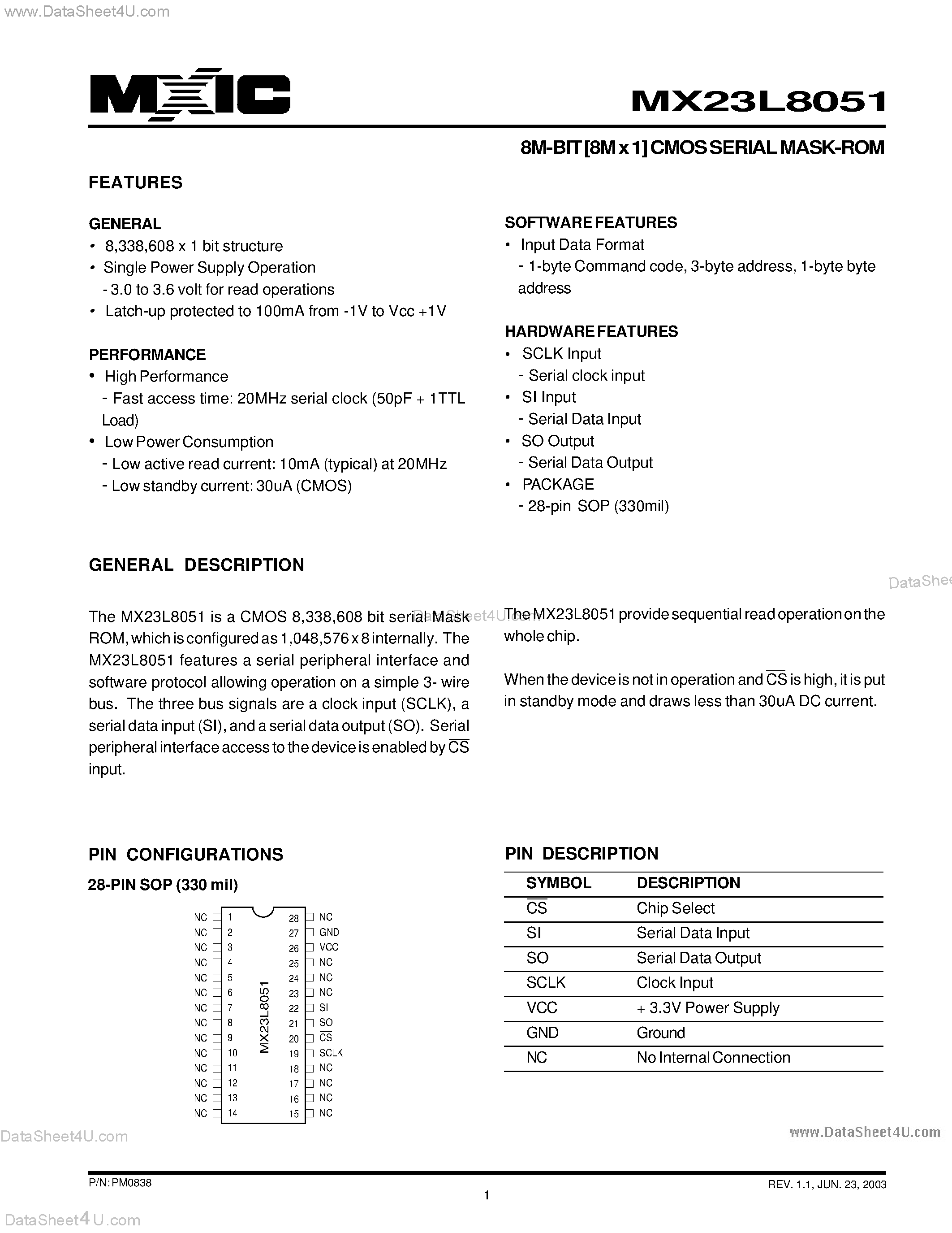 Datasheet MX23L8051 - 8M-BIT [8M x 1] CMOS SERIAL MASK-ROM page 1