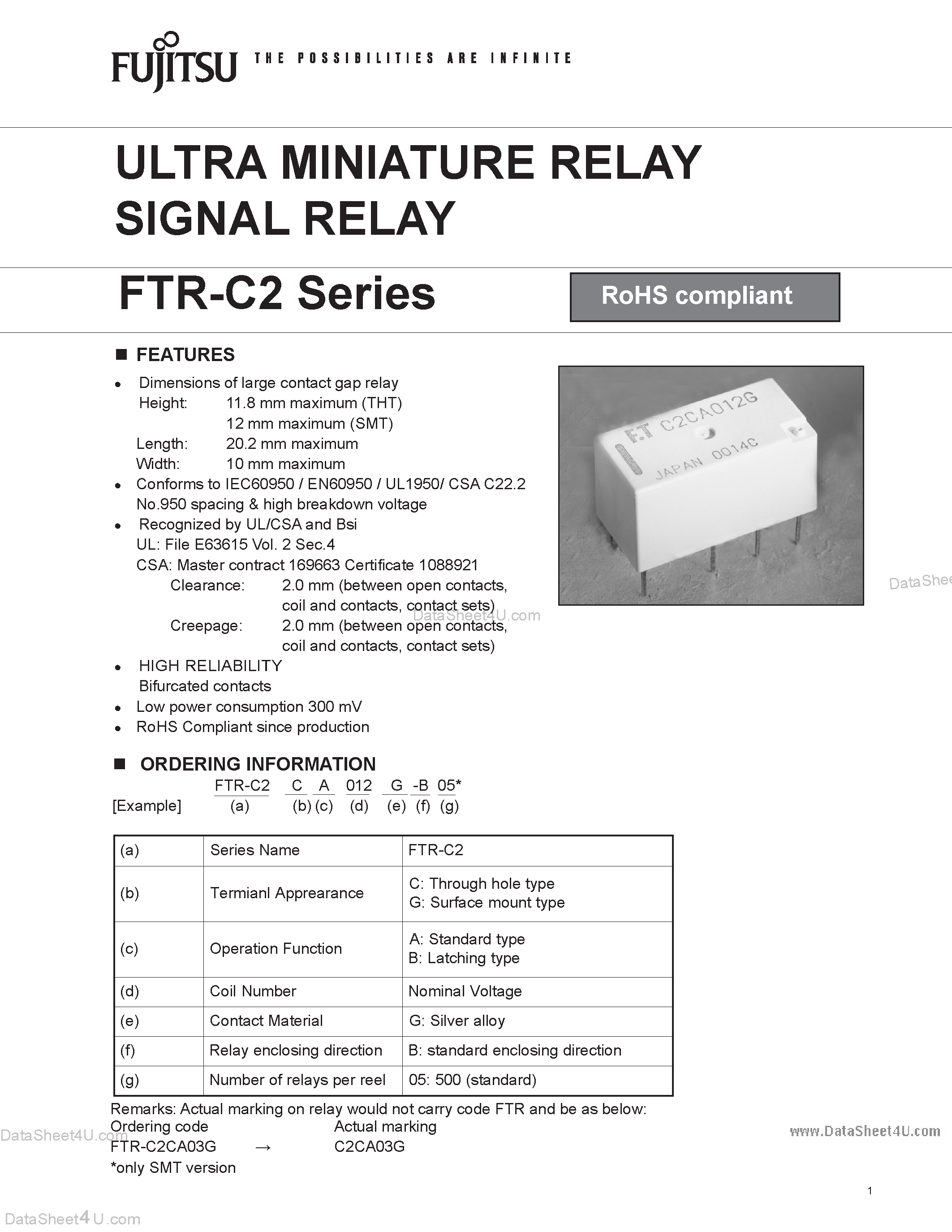 Datasheet FTR-C2 - ULTRA MINIATURE RELAY SIGNAL RELAY page 1