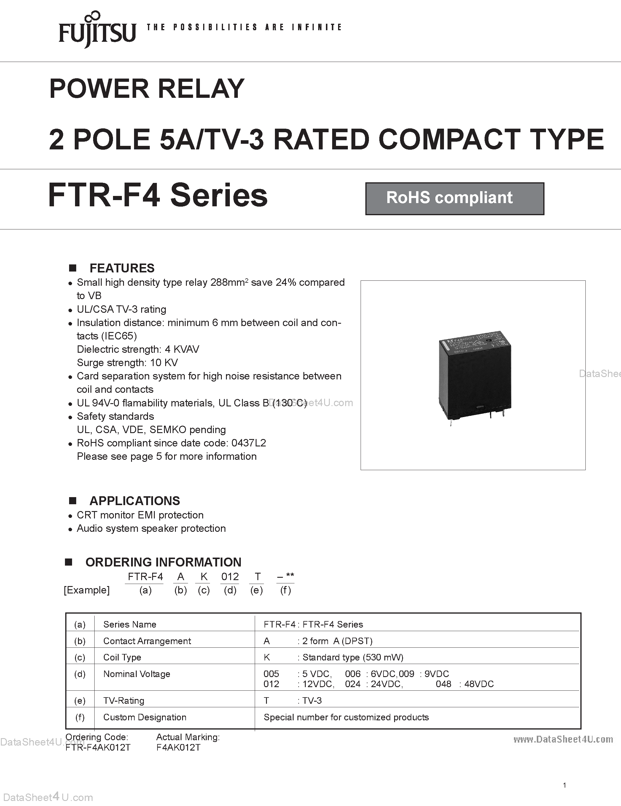 Даташит FTR-F4 - 2 POLE 5A/TV-3 RATED COMPACT TYPE страница 1