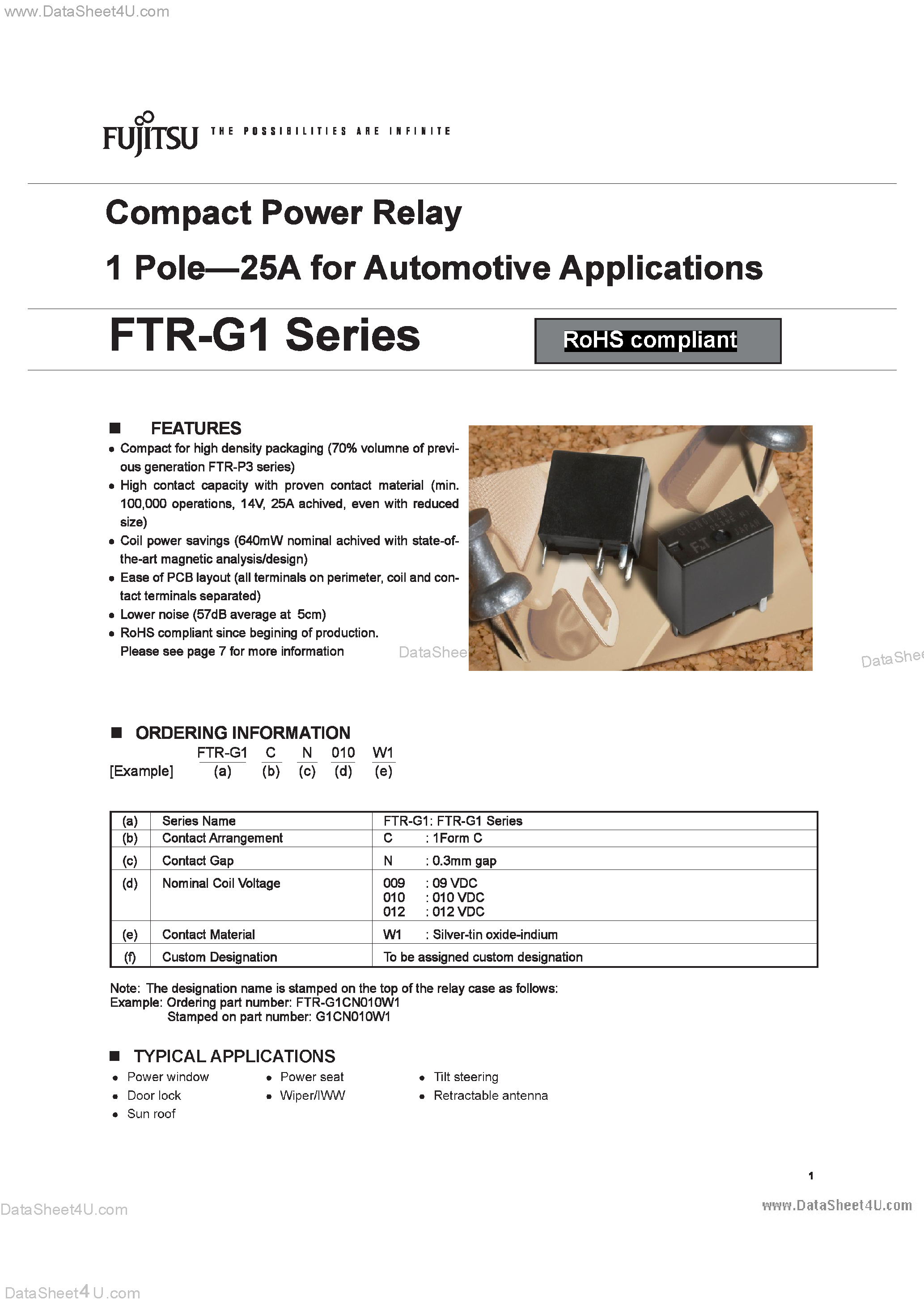 Даташит FTR-G1 - Compact Power Relay 1 Pole-25A for Automotive Applications страница 1
