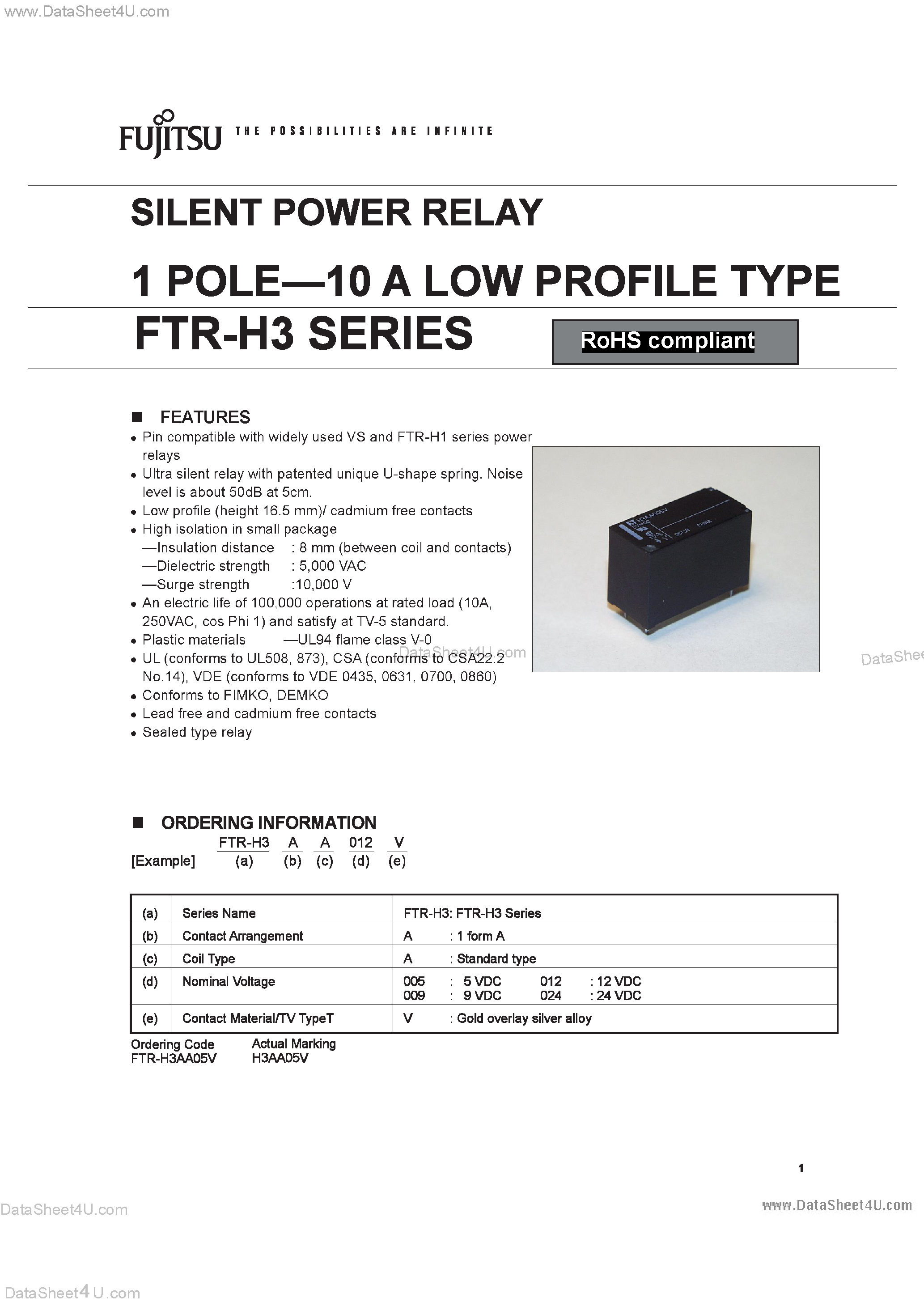 Datasheet FTR-H3 - SILENT POWER RELAY 1 POLE?0 A LOW PROFILE TYPE FTR-H3 SERIES page 1