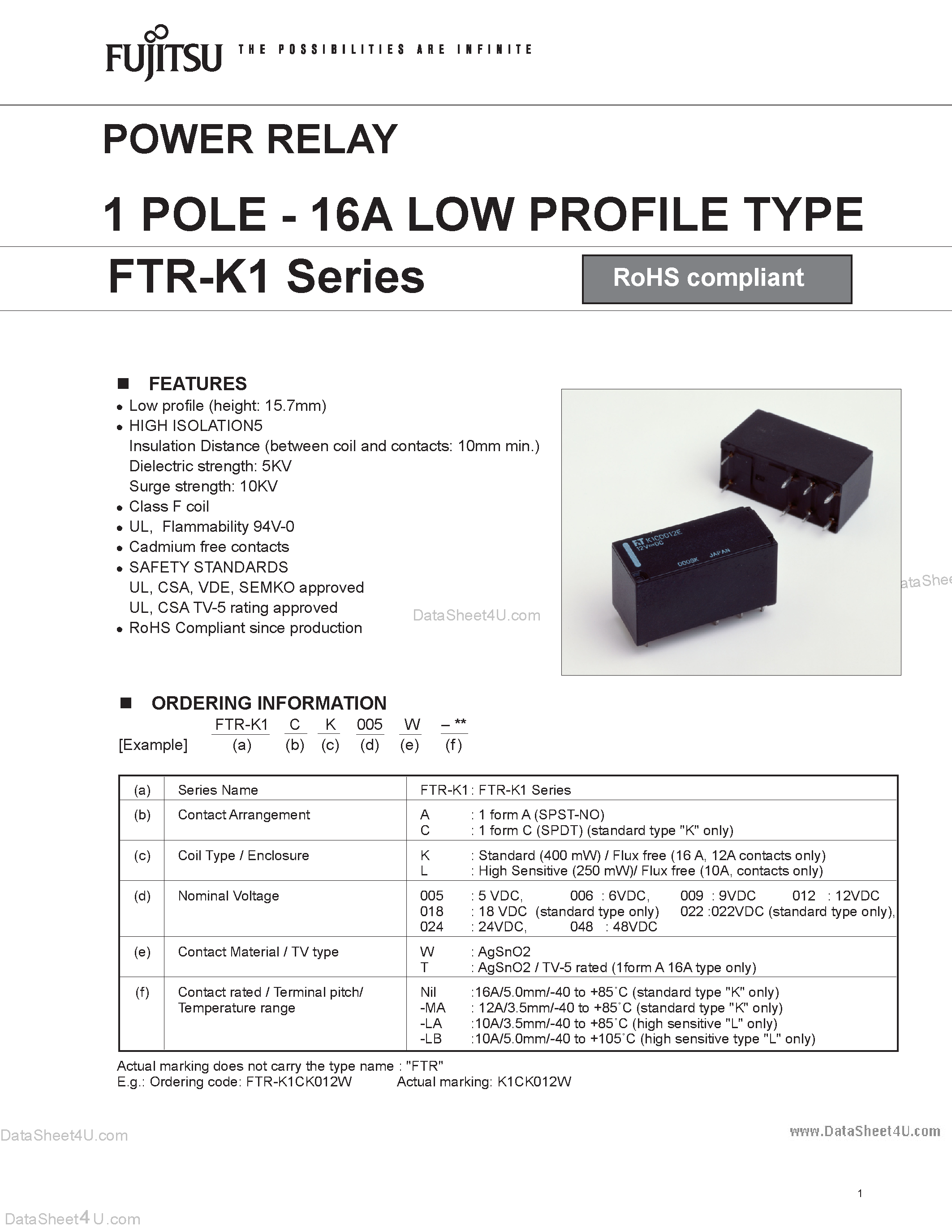 Даташит на микросхему FTR-K1 страница 1 Даташит FTR-K1 - 1 POLE - 16A LOW PROFILE TYPE страница 1