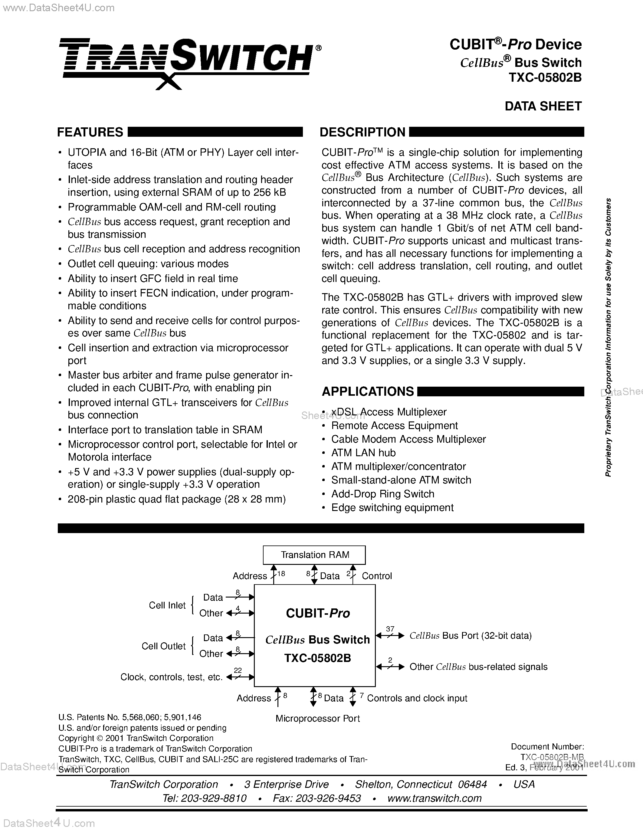 Datasheet TXC-05802B page 1 Datasheet TXC-05802B - ATM DATA-LINK SWITCHING/ROUTING page 1