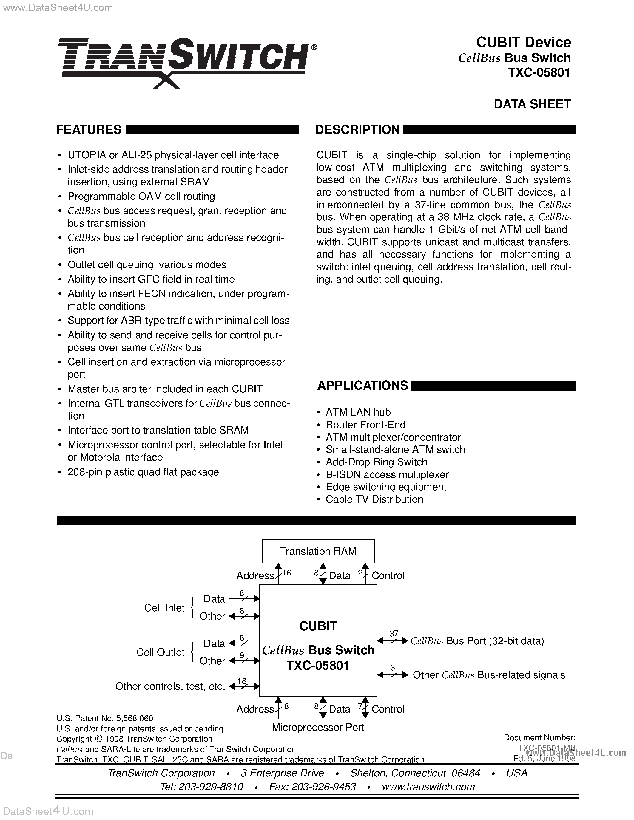 Datasheet TXC-05801 page 1 Datasheet TXC-05801 - ATM DATA-LINK SWITCHING/ROUTING page 1